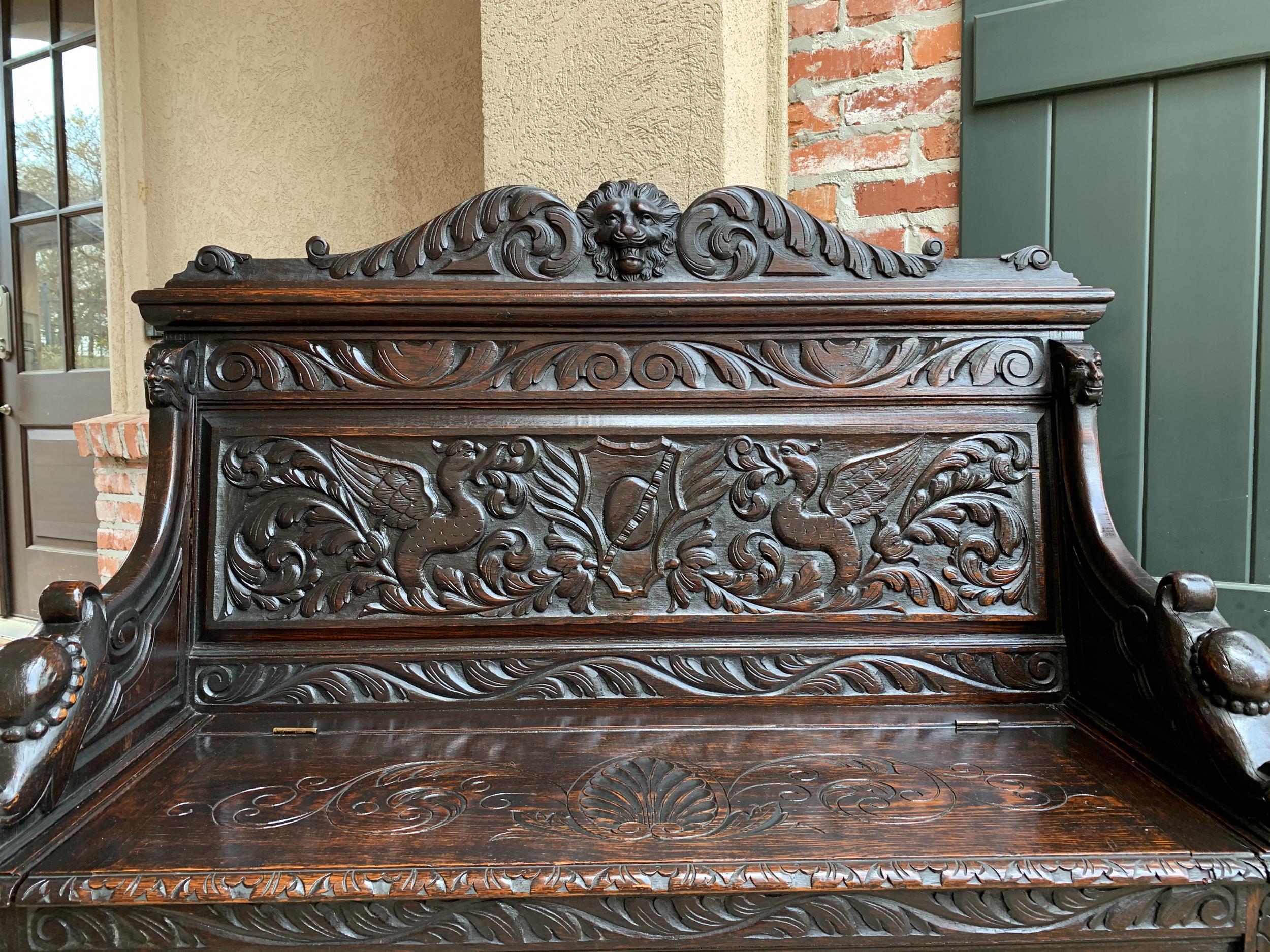 19th Century Antique French Carved Oak Hall Bench Trunk Chest Renaissance Lion 1