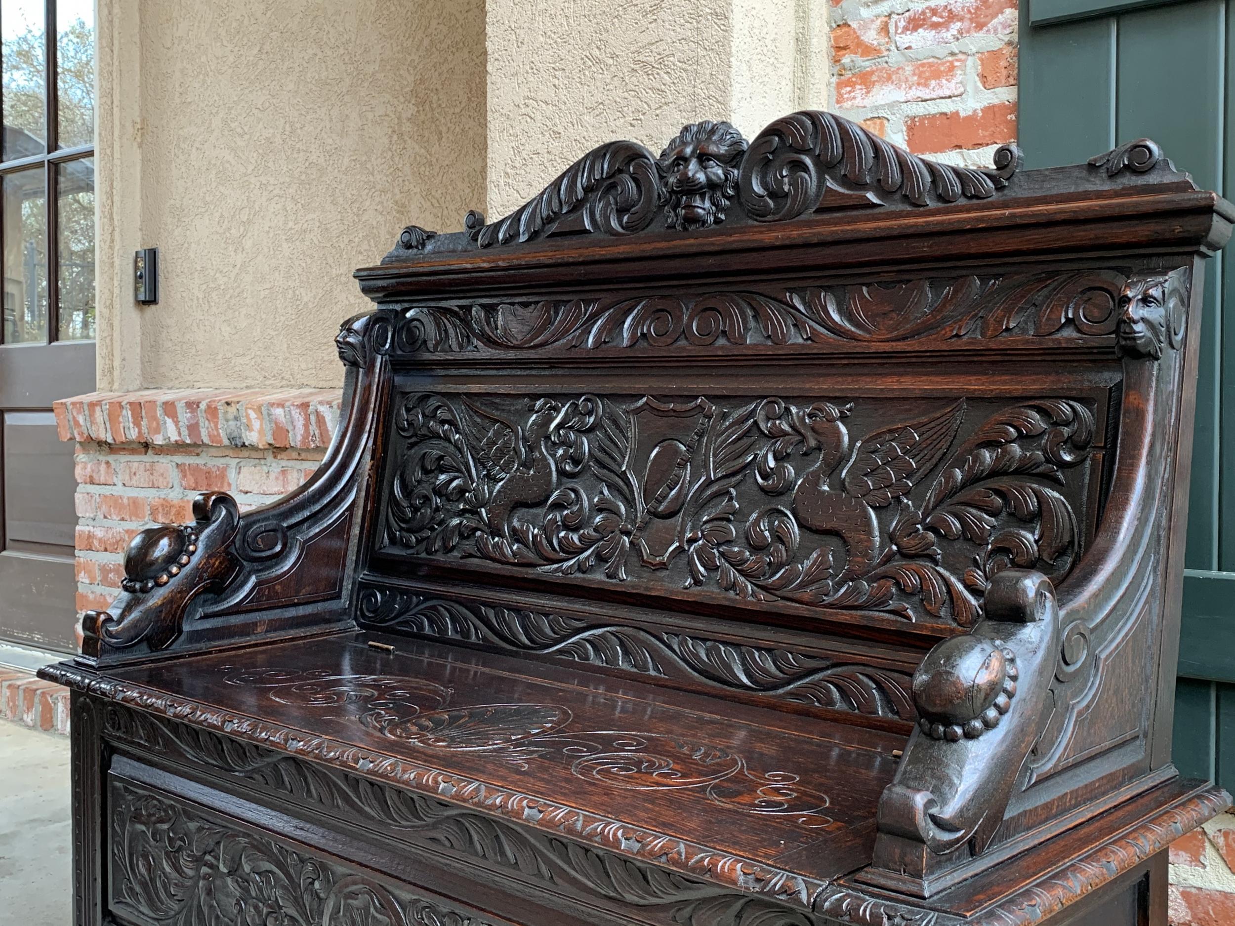 19th Century Antique French Carved Oak Hall Bench Trunk Chest Renaissance Lion 2
