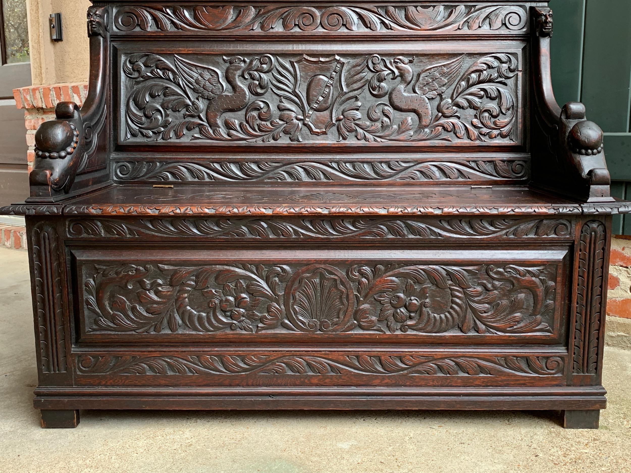 19th Century Antique French Carved Oak Hall Bench Trunk Chest Renaissance Lion 3