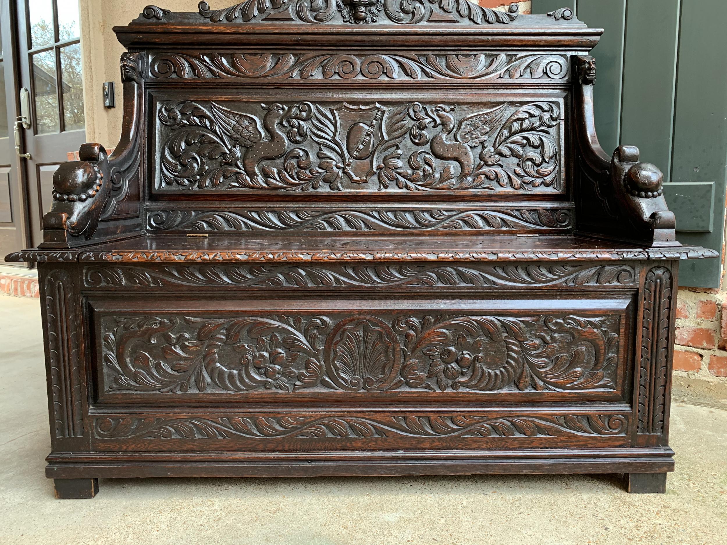 19th Century Antique French Carved Oak Hall Bench Trunk Chest Renaissance Lion 4