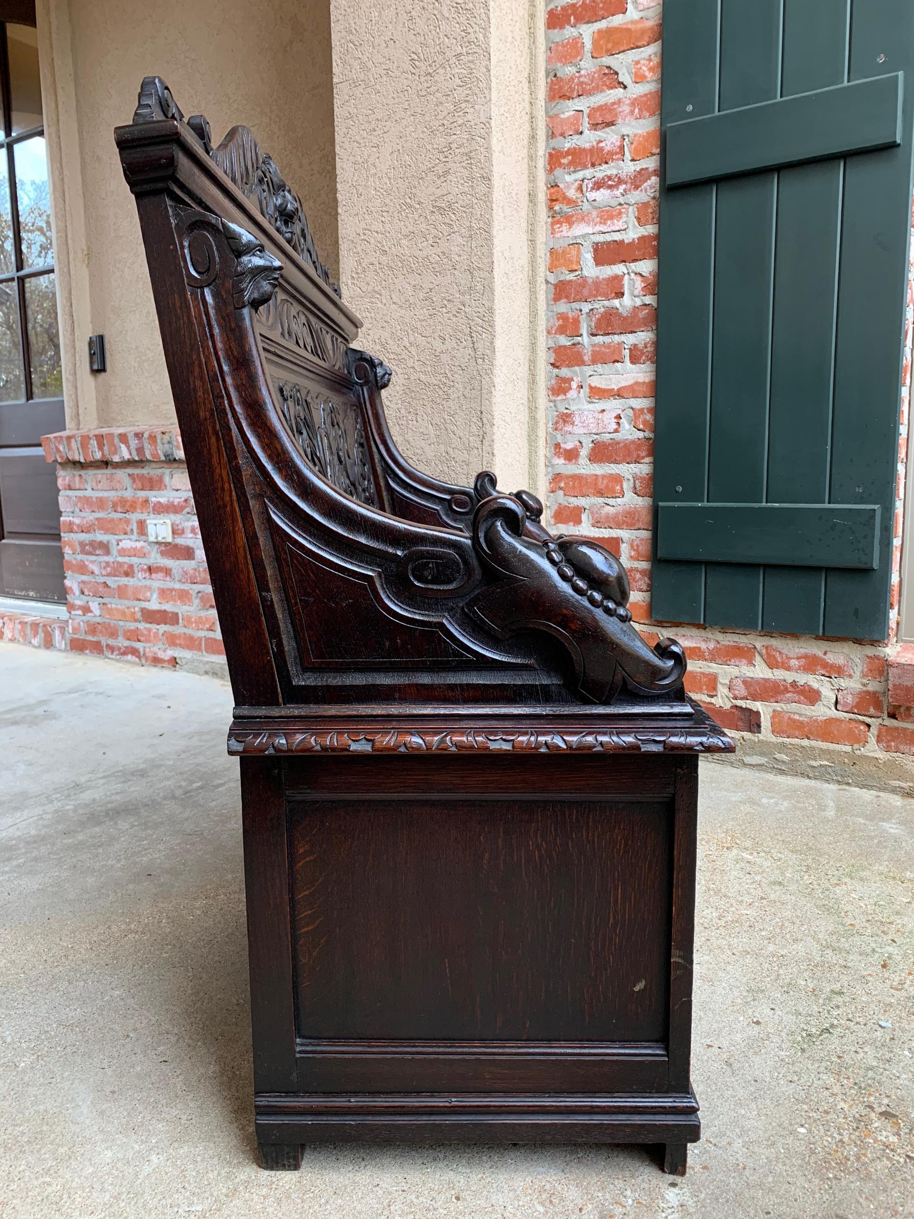19th Century Antique French Carved Oak Hall Bench Trunk Chest Renaissance Lion 5