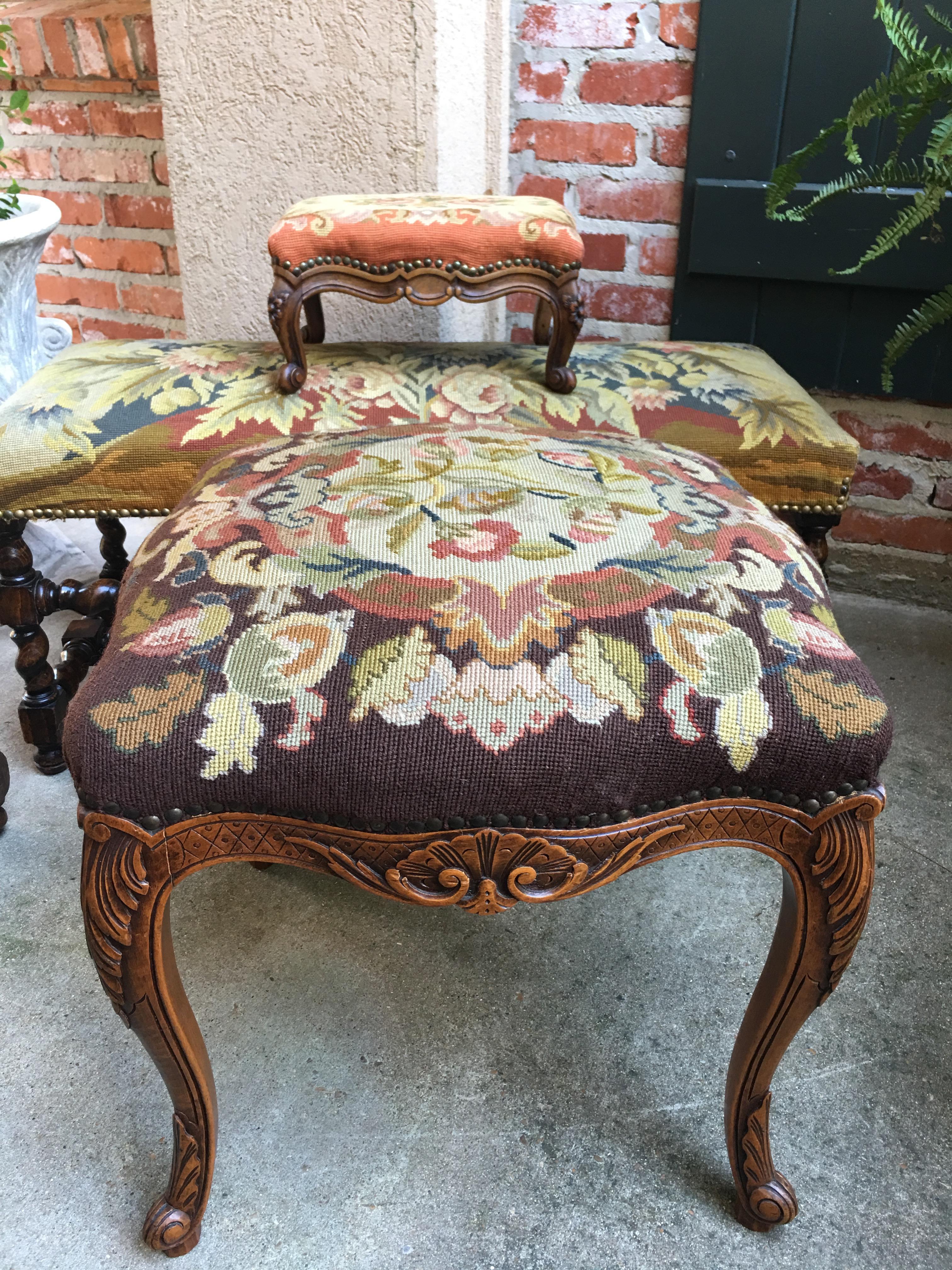 Antique French  Louis XV Stool Bench Floral Tapestry Needlework Carved Oak c1890 For Sale 6