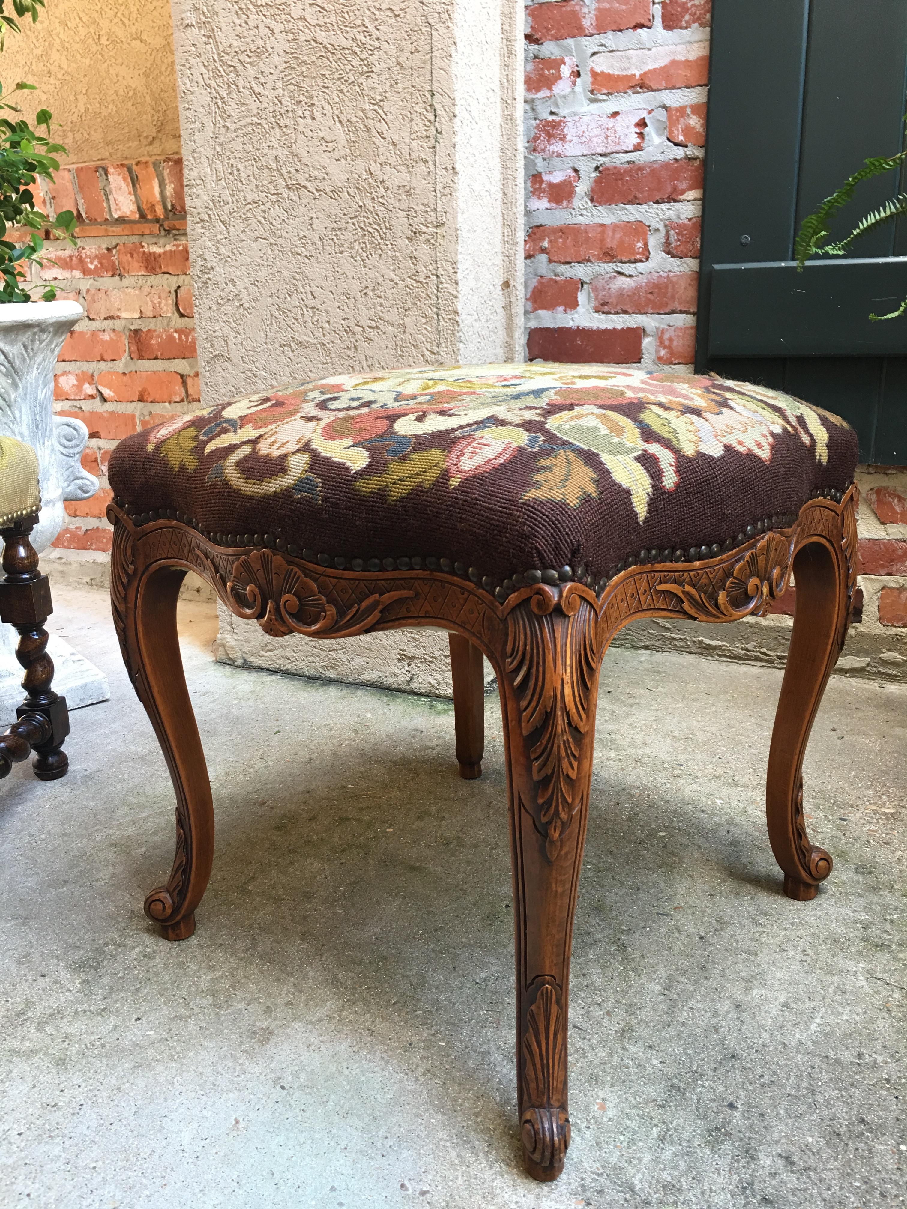 Hand-Carved Antique French  Louis XV Stool Bench Floral Tapestry Needlework Carved Oak c1890 For Sale