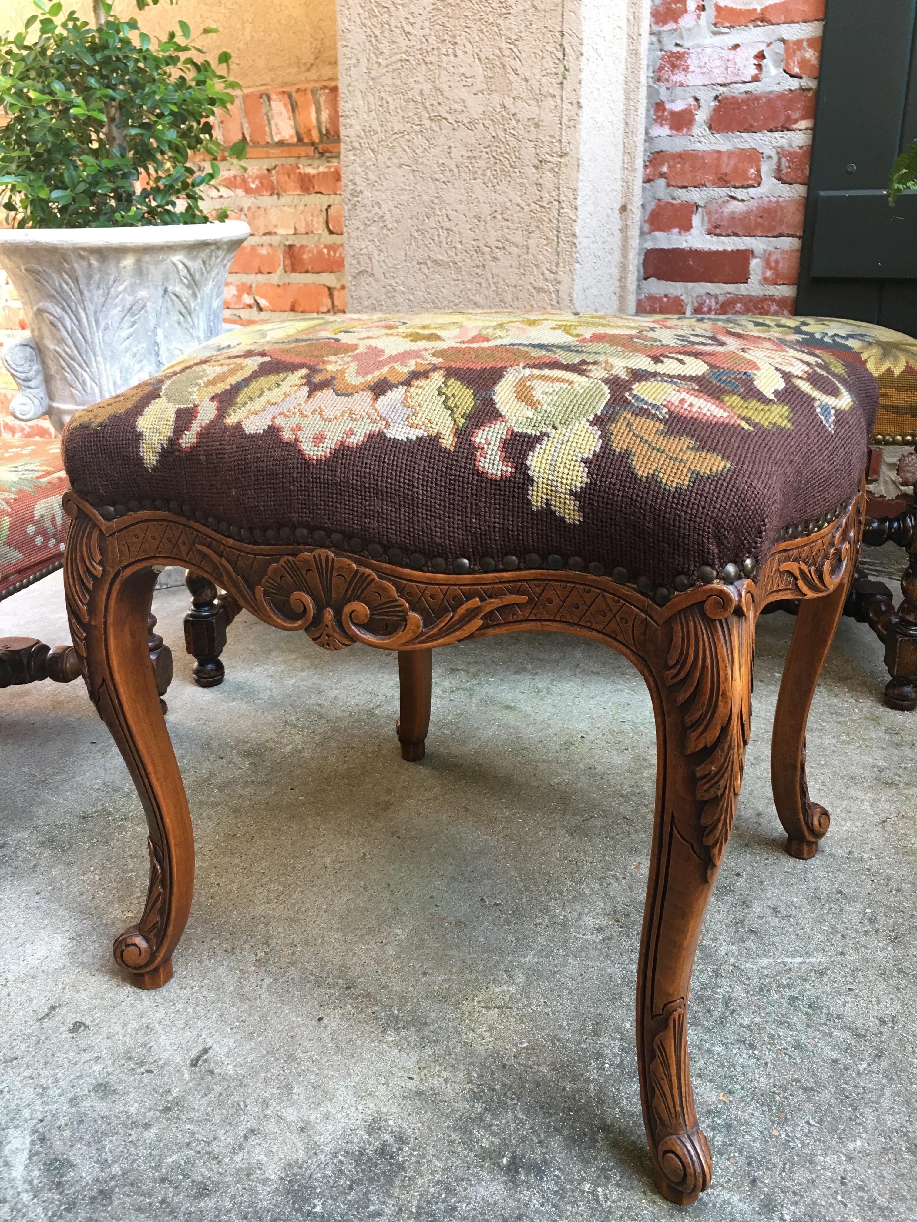 19th Century Antique French  Louis XV Stool Bench Floral Tapestry Needlework Carved Oak c1890 For Sale