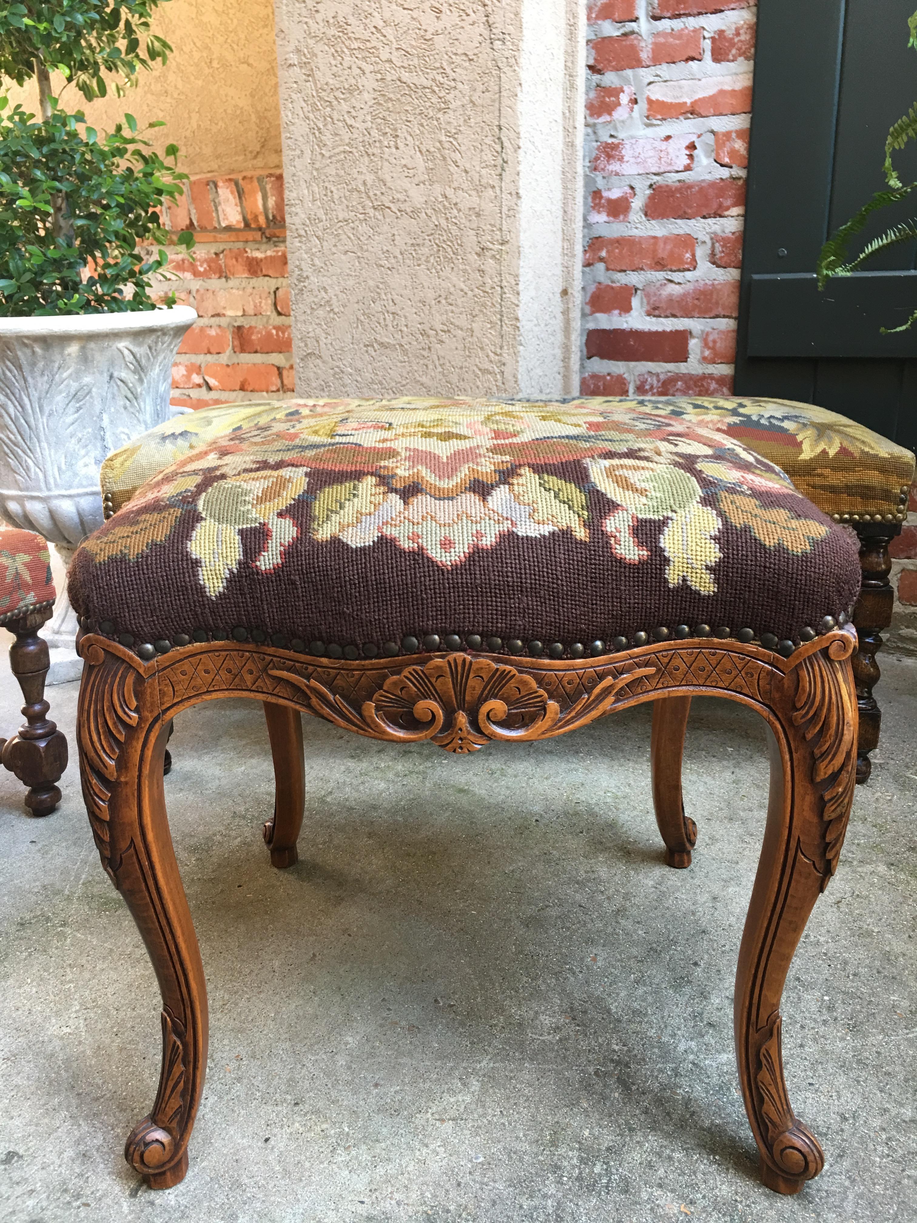 Antique French  Louis XV Stool Bench Floral Tapestry Needlework Carved Oak c1890 For Sale 1