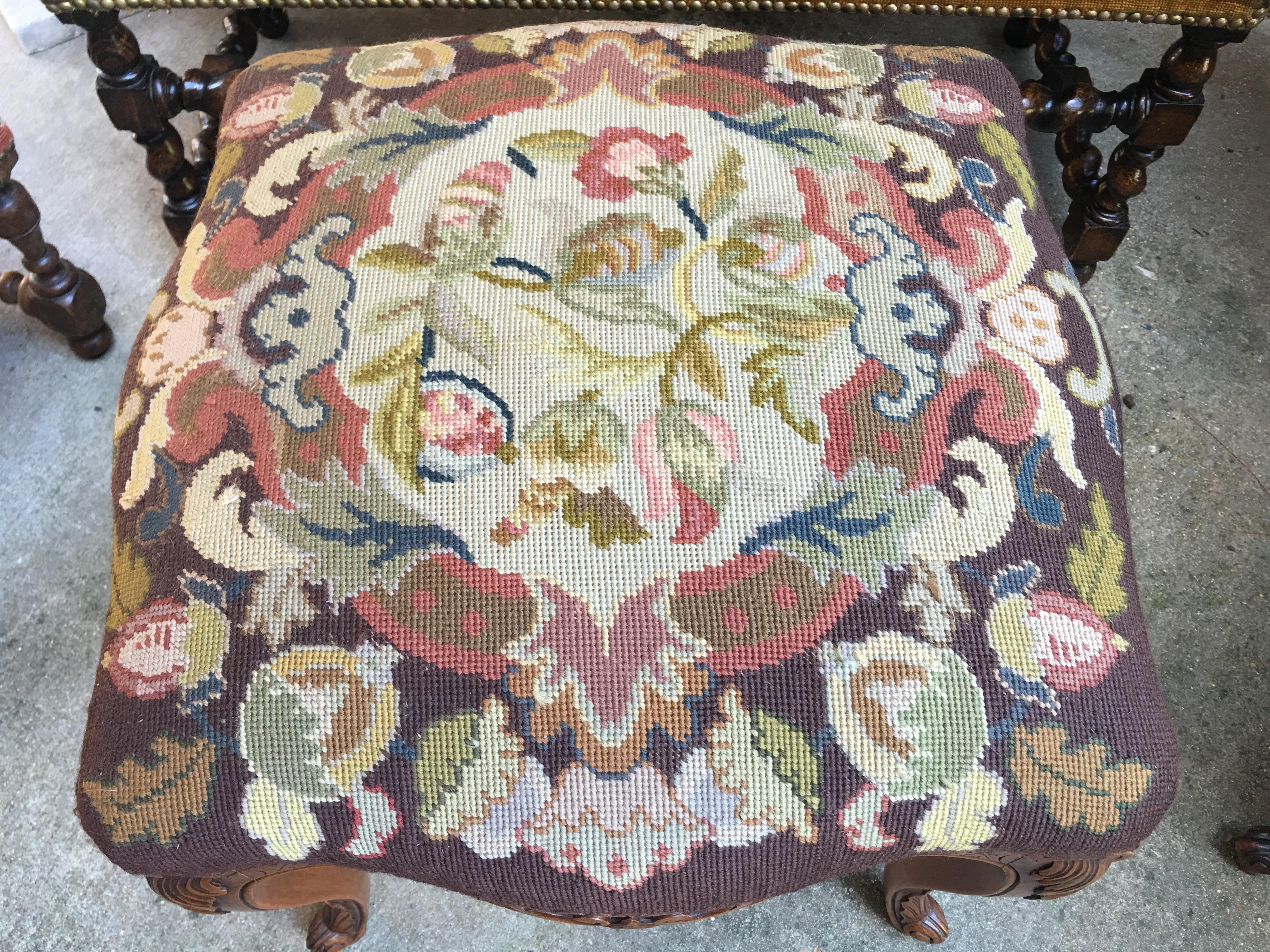 Antique French  Louis XV Stool Bench Floral Tapestry Needlework Carved Oak c1890 For Sale 2