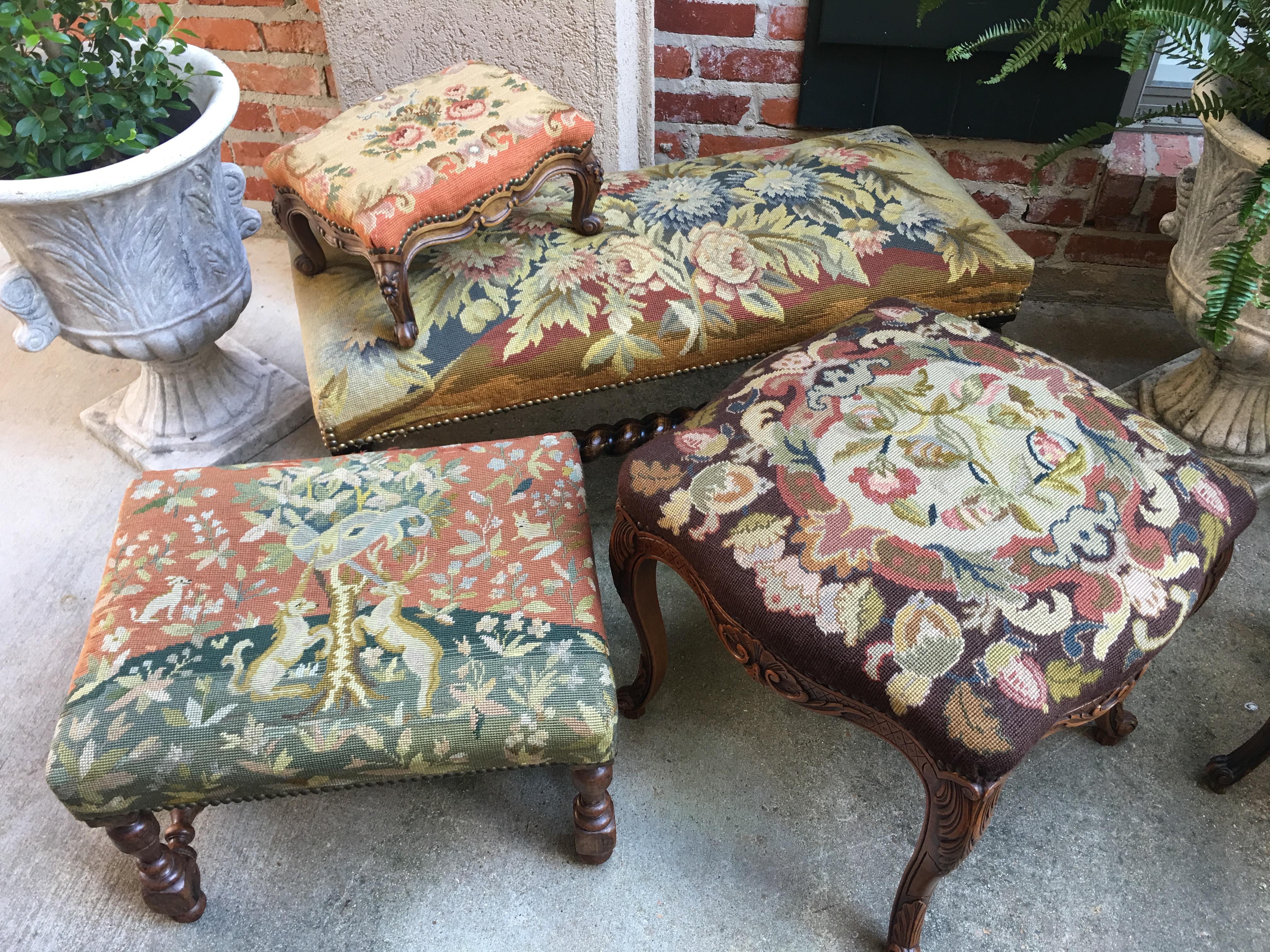 Antique French  Louis XV Stool Bench Floral Tapestry Needlework Carved Oak c1890 For Sale 3
