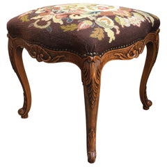 Used French  Louis XV Stool Bench Floral Tapestry Needlework Carved Oak c1890