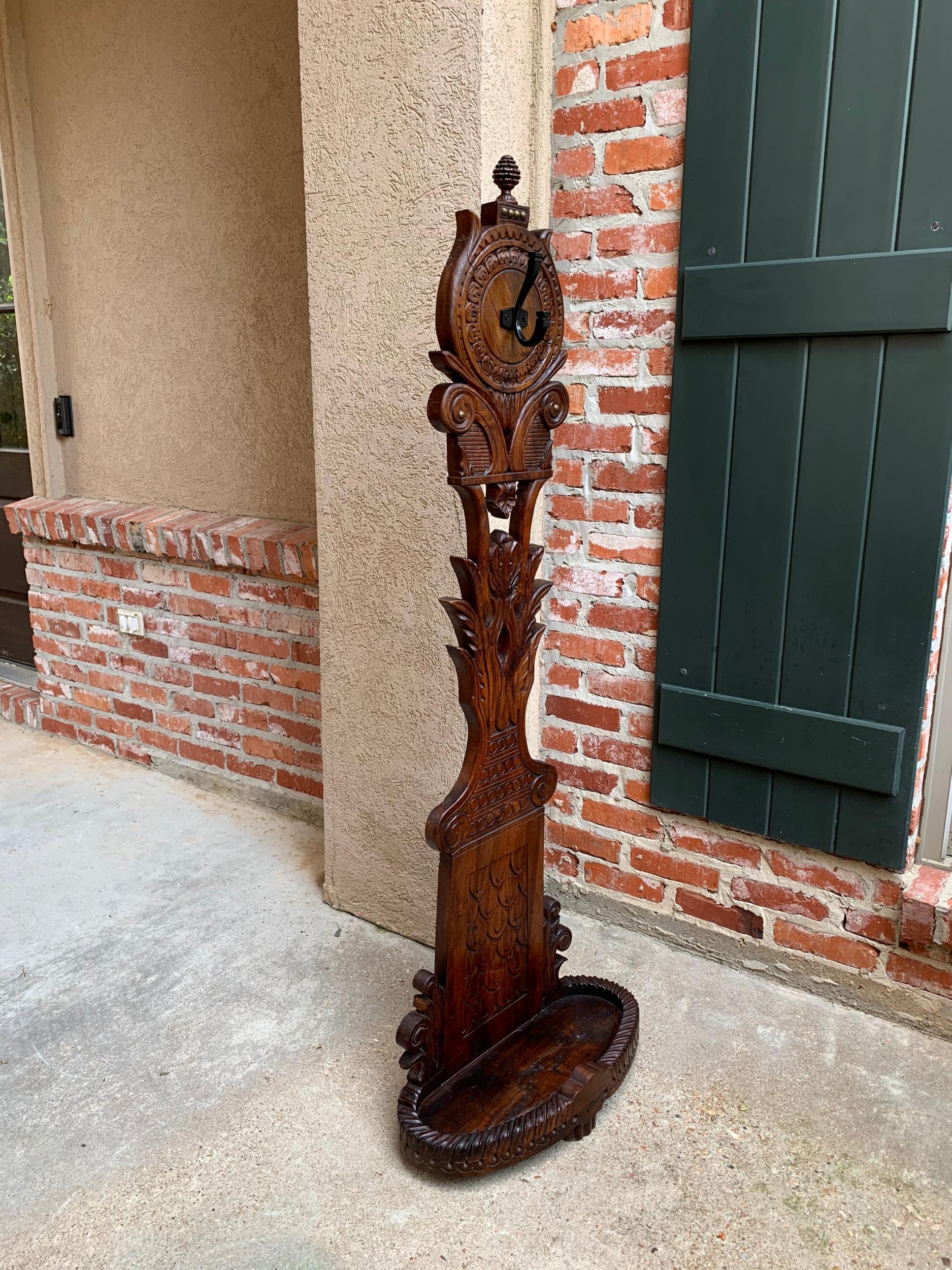 19th Century Antique French Carved Oak Standing Coat Hat Rack Umbrella Stand 3