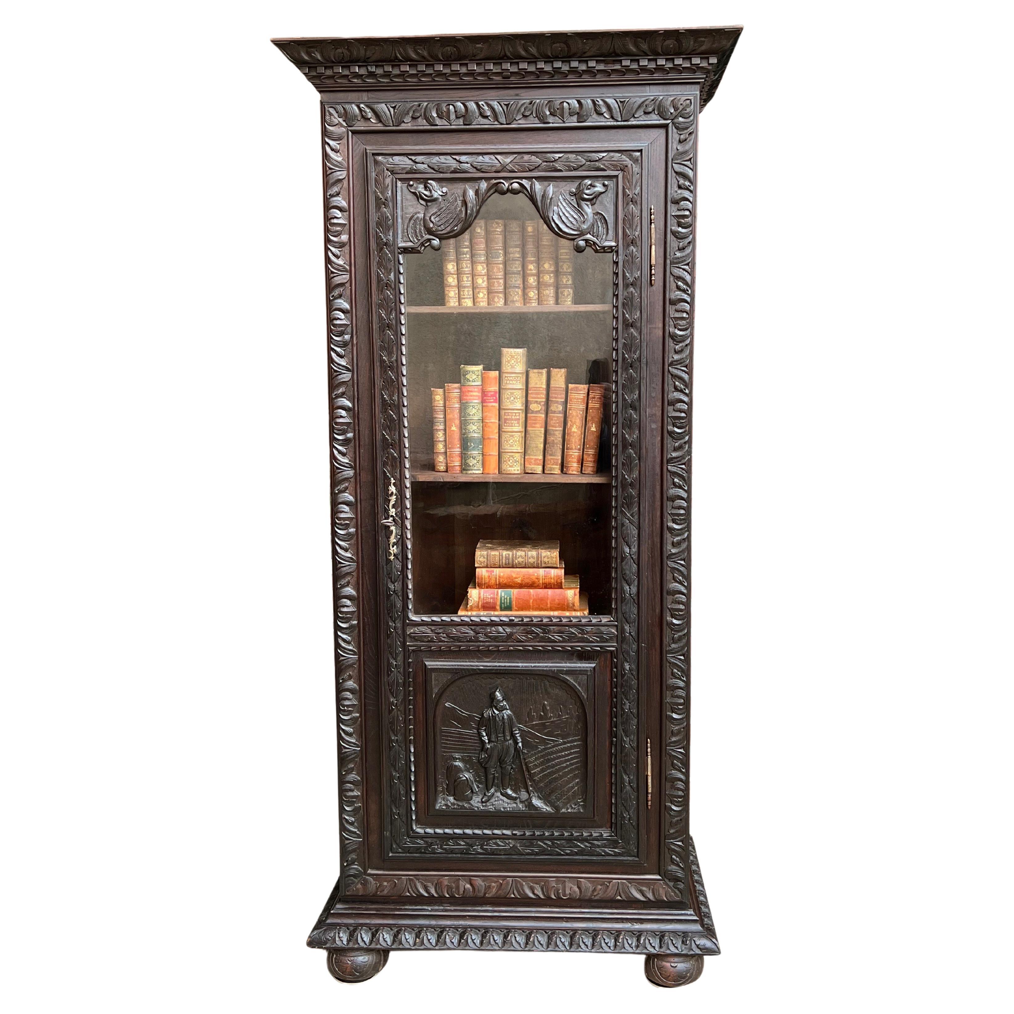19th Century Antique French Carved Oak Vitrine Bookcase Cabinet Breton Brittany