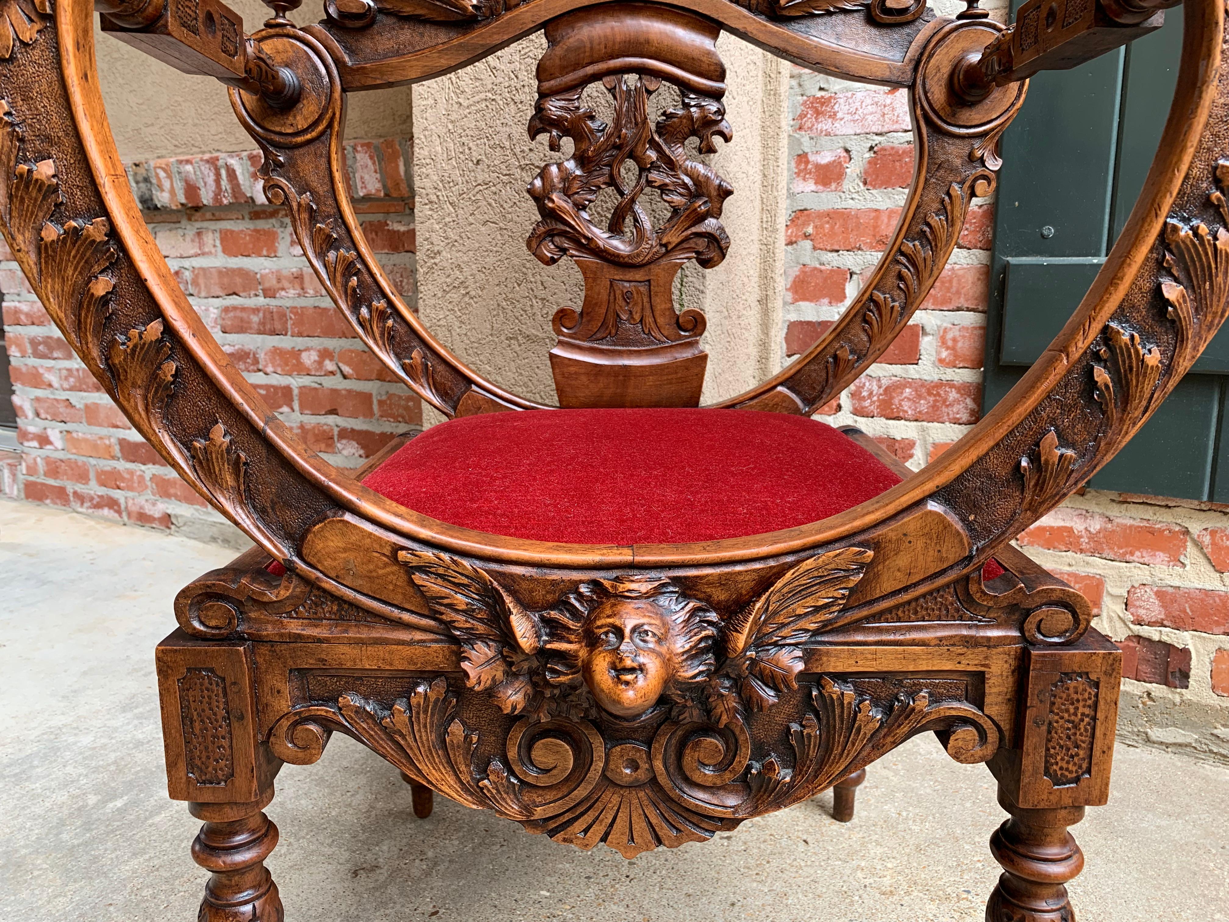 19th Century Antique French Carved Wood Dagobert Chair Curule Renaissance Throne 3