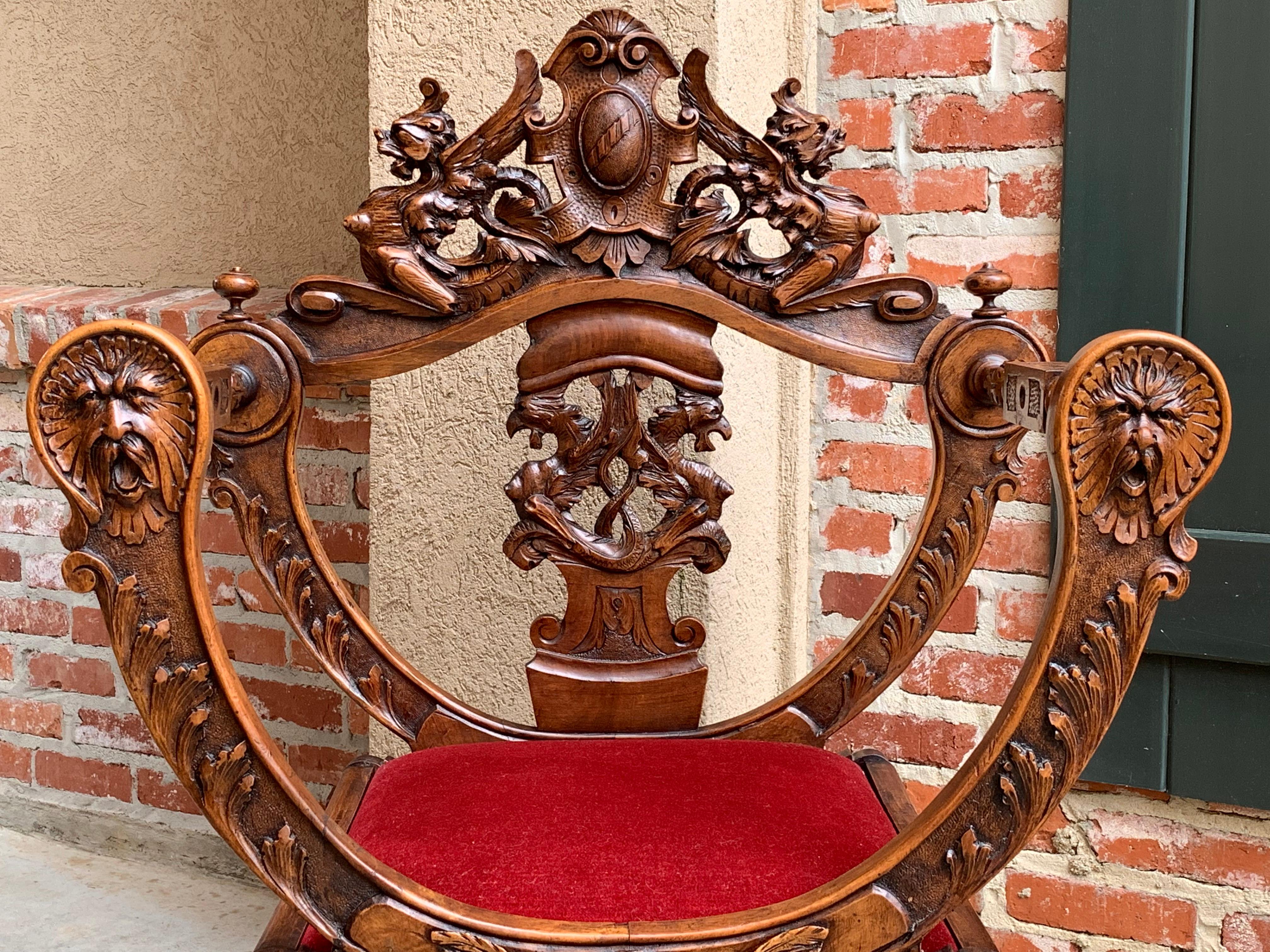 Hand-Carved 19th Century Antique French Carved Wood Dagobert Chair Curule Renaissance Throne