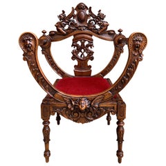 19th Century Antique French Carved Wood Dagobert Chair Curule Renaissance Throne