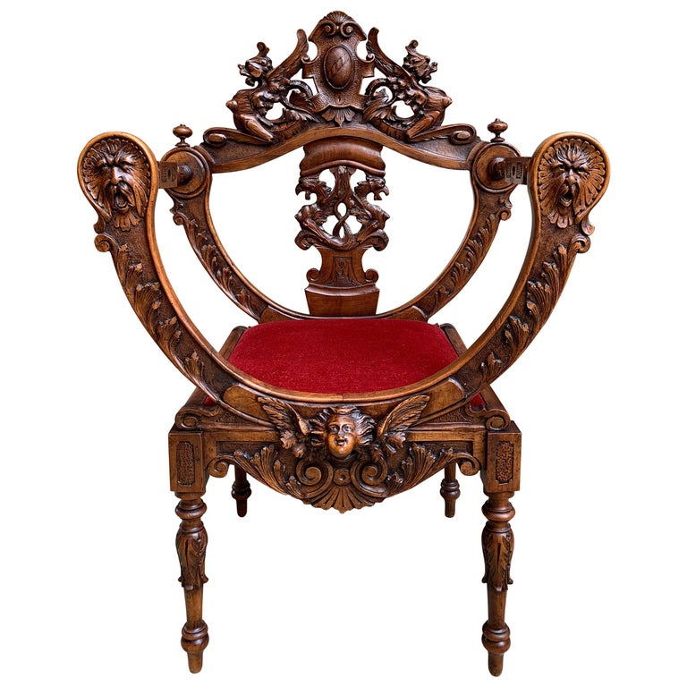 19th Century Antique French Carved Wood Dagobert Chair Curule ...