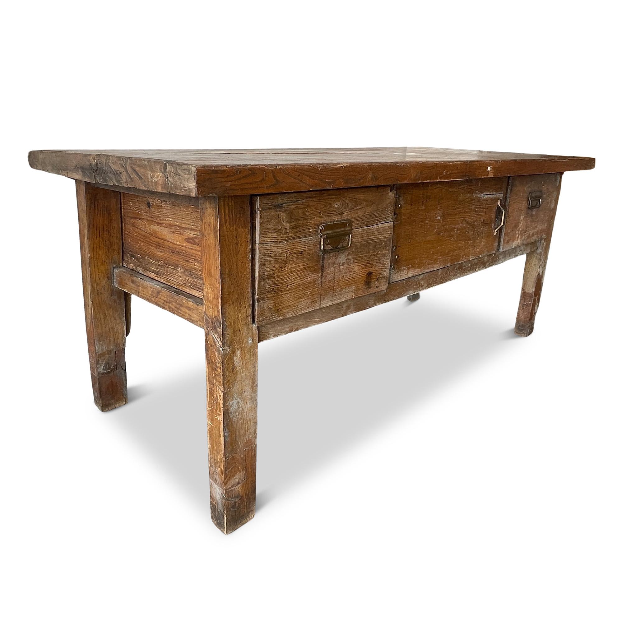 Channel 19th-century French countryside with this stunning French Console Table. Originally designed for kitchen prep, cooking and storage, this timeless piece doubles as a modern console or kitchen and dining sideboard. We love seeing it as an