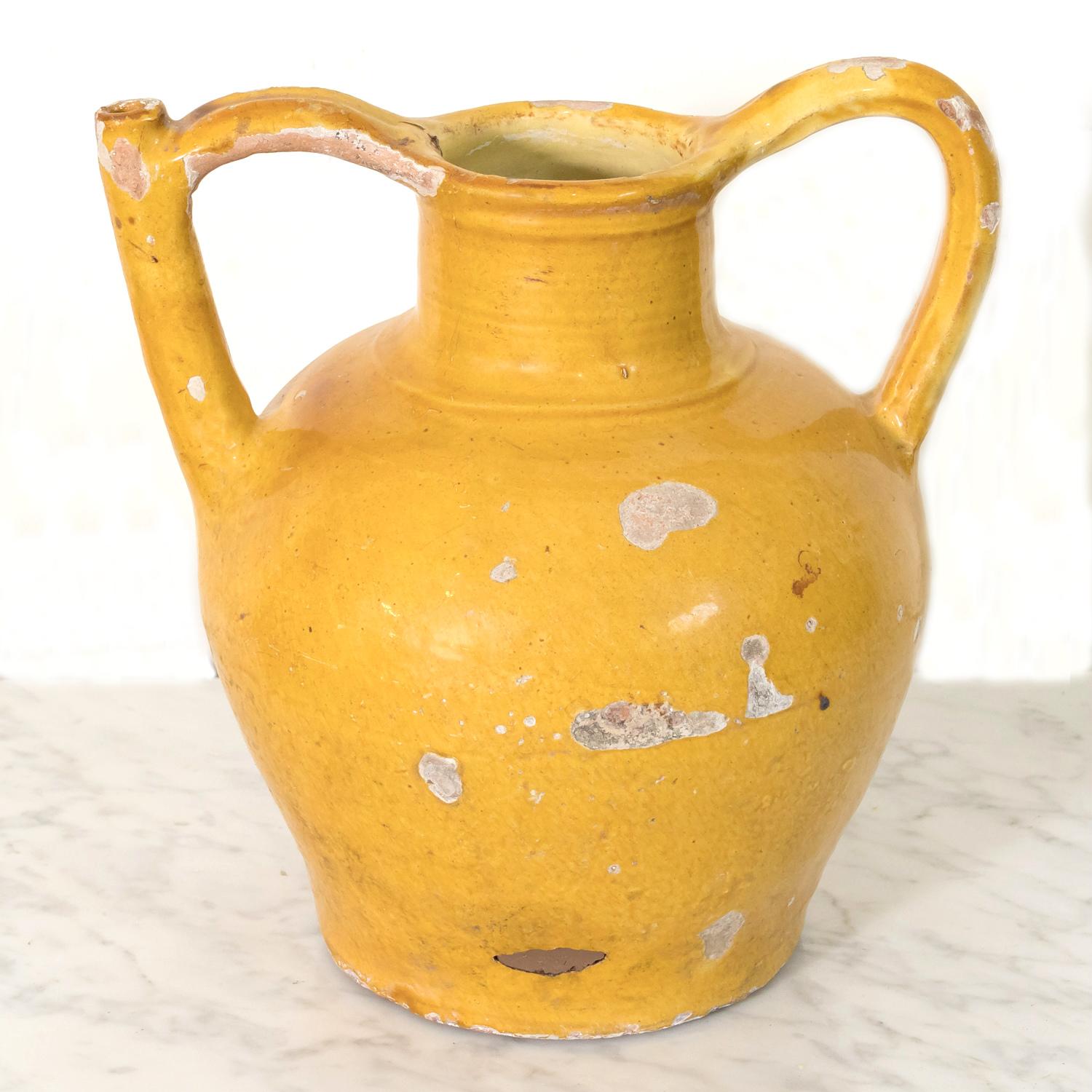 Glazed 19th Century Antique French Cruche Orjol or Water Jug with Mustard Yellow Glaze For Sale