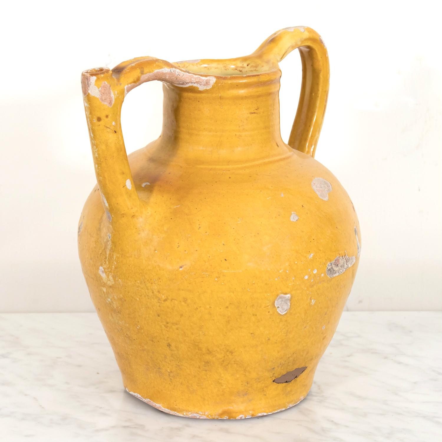 19th Century Antique French Cruche Orjol or Water Jug with Mustard Yellow Glaze In Good Condition For Sale In Birmingham, AL