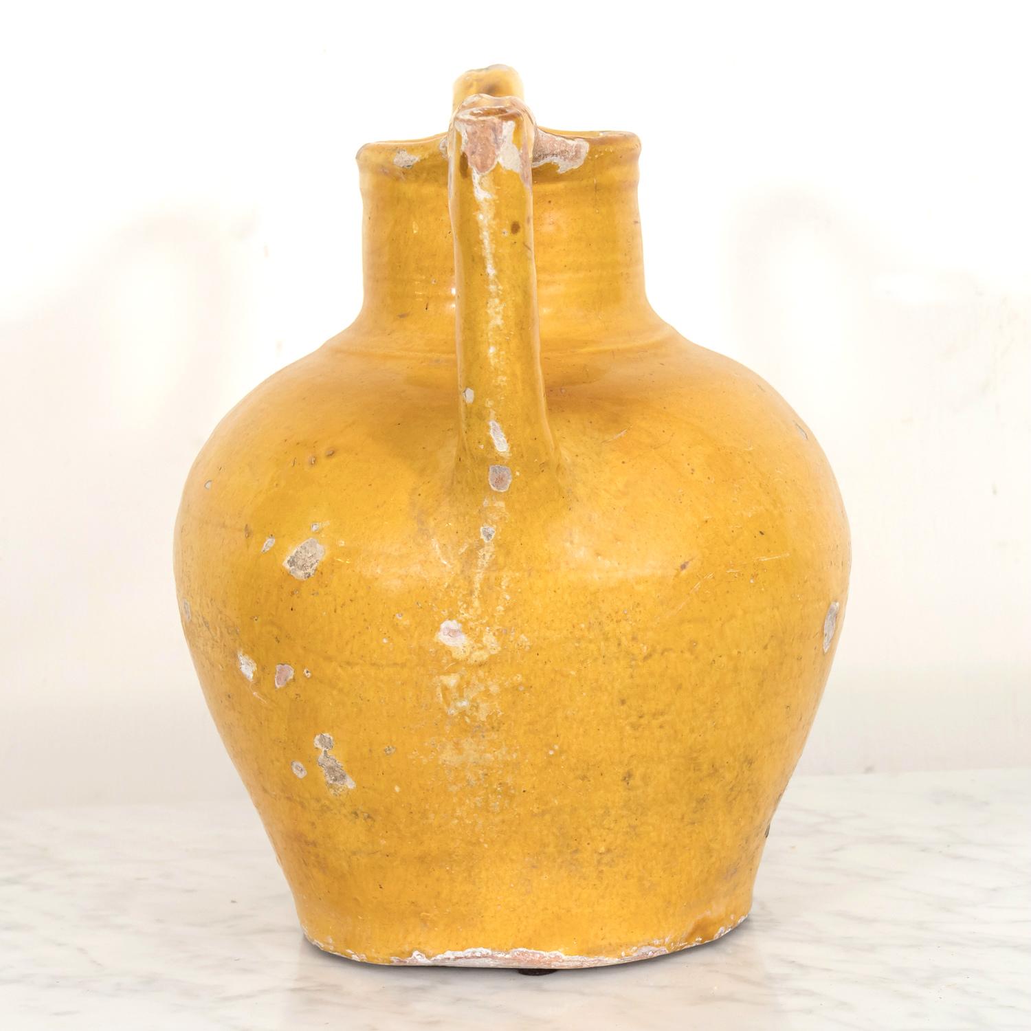 Late 19th Century 19th Century Antique French Cruche Orjol or Water Jug with Mustard Yellow Glaze For Sale
