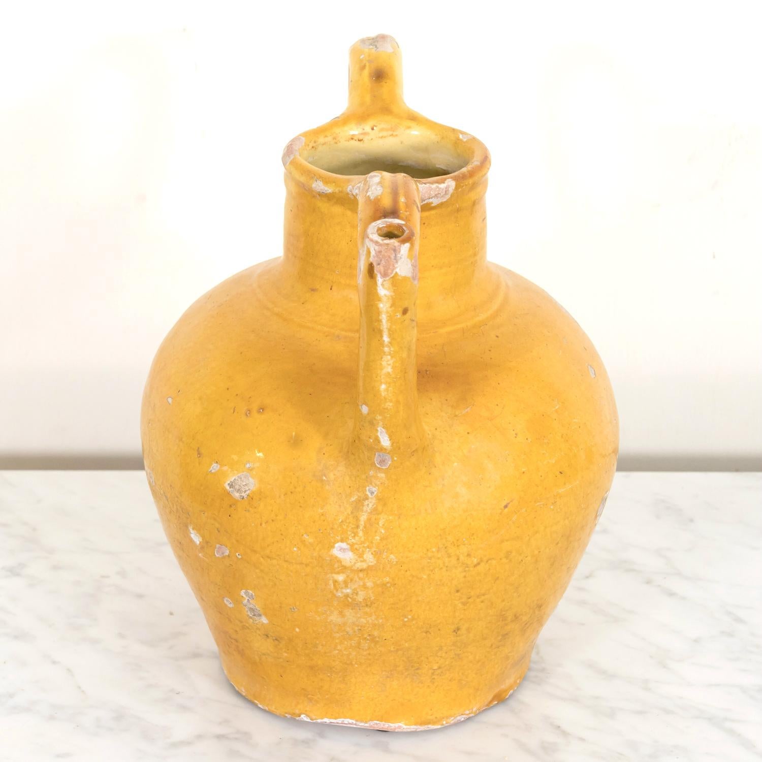 Earthenware 19th Century Antique French Cruche Orjol or Water Jug with Mustard Yellow Glaze For Sale