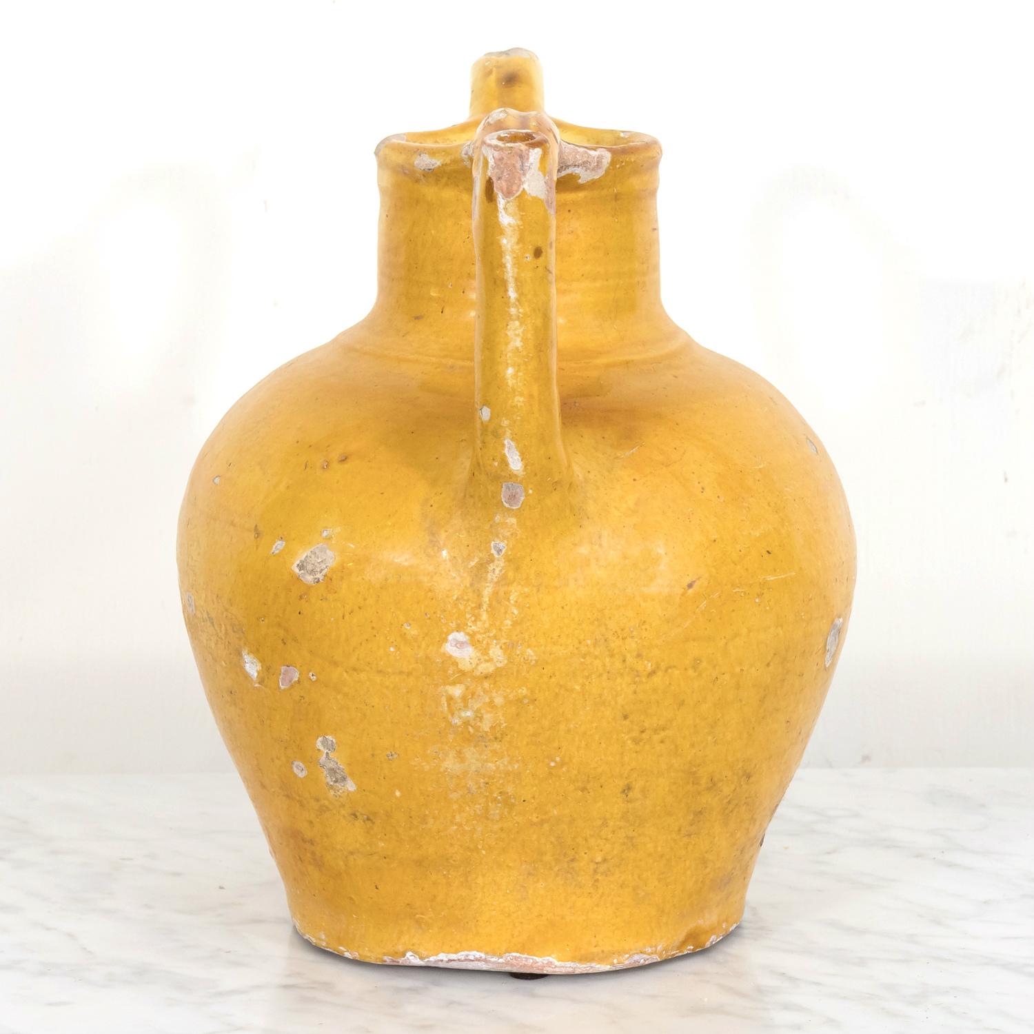 19th Century Antique French Cruche Orjol or Water Jug with Mustard Yellow Glaze For Sale 1