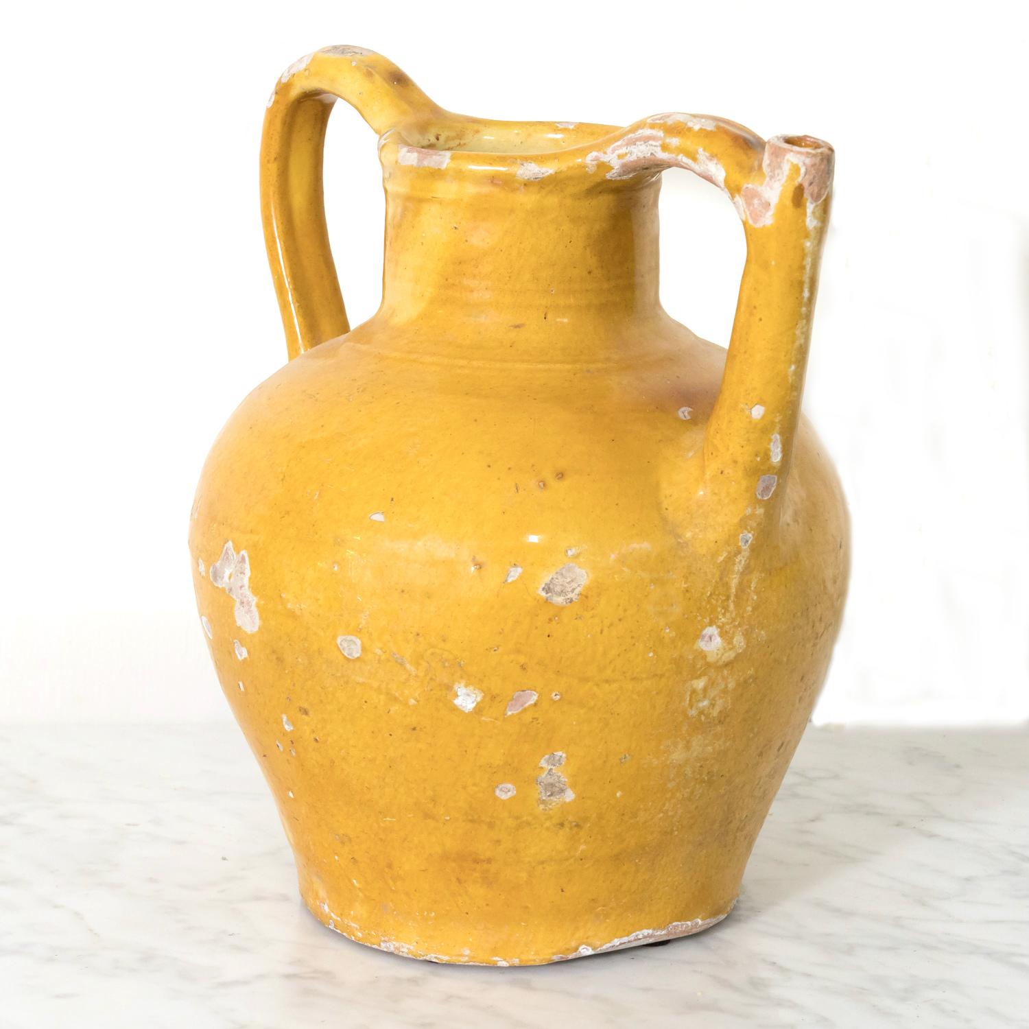 19th Century Antique French Cruche Orjol or Water Jug with Mustard Yellow Glaze For Sale 2
