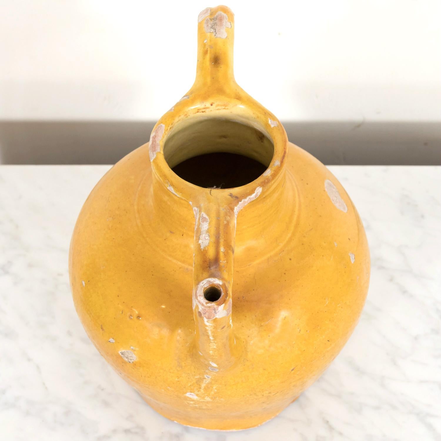 19th Century Antique French Cruche Orjol or Water Jug with Mustard Yellow Glaze For Sale 3
