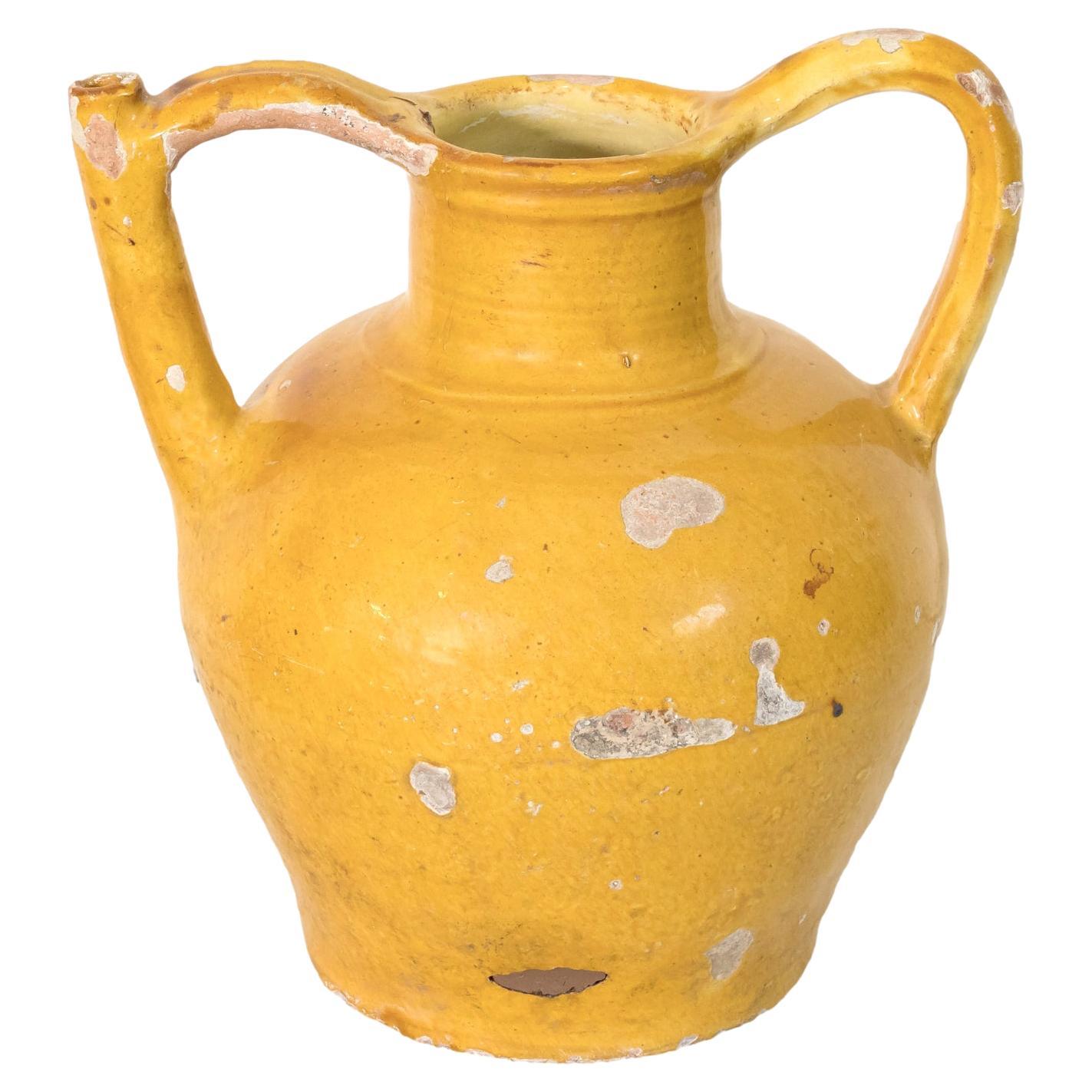 19th Century Antique French Cruche Orjol or Water Jug with Mustard Yellow Glaze