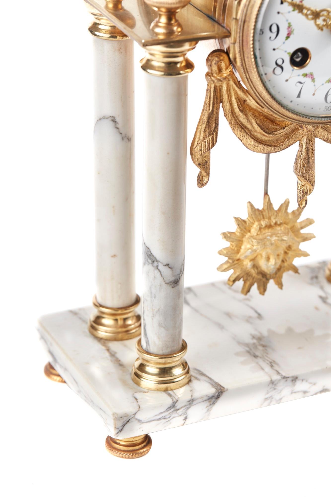 19th Century Antique French Gilt Brass and White Marble Mantle Clock 1