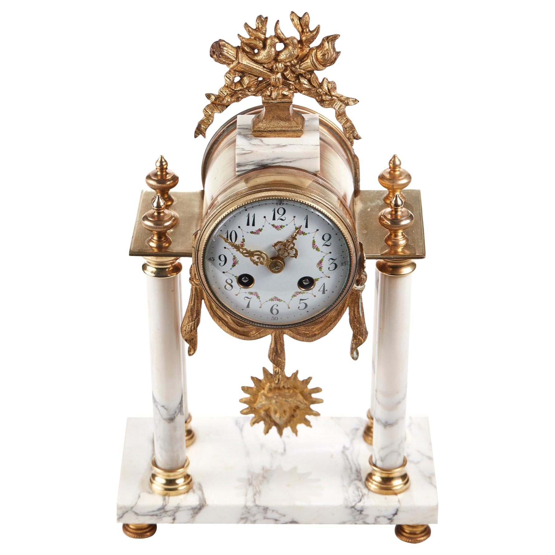 19th Century Antique French Gilt Brass and White Marble Mantle Clock
