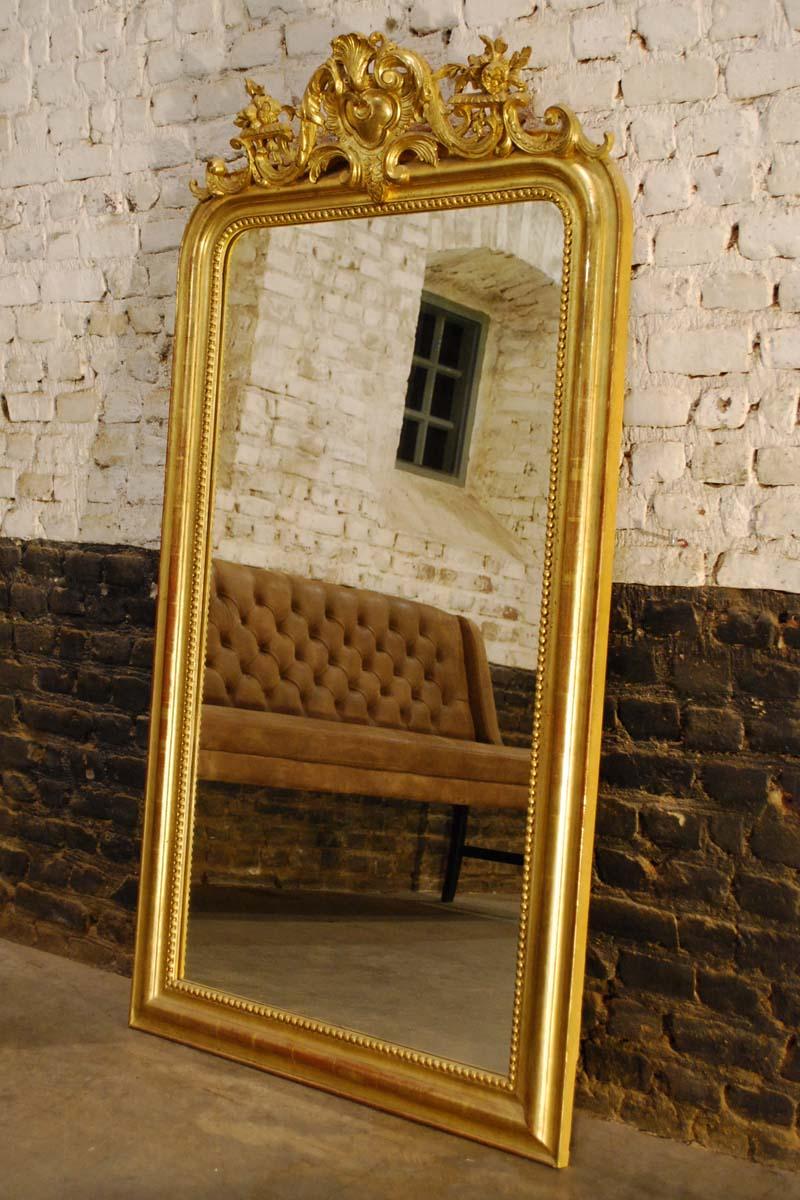 Pine 19th century antique French gold gilt Louis Philippe mirror with crest