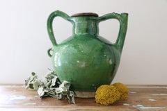 19ème siècle, Ancienne Cruche en terre cuite émaillée verte française, Cruche, Orjol, Jarre