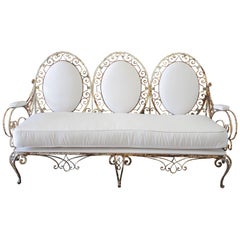 19th Century Antique French Iron Outdoor Sofa in White Sunbrella