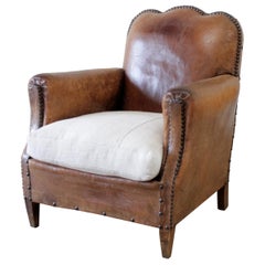 19th Century Antique French Leather Club Chair with Linen Seat