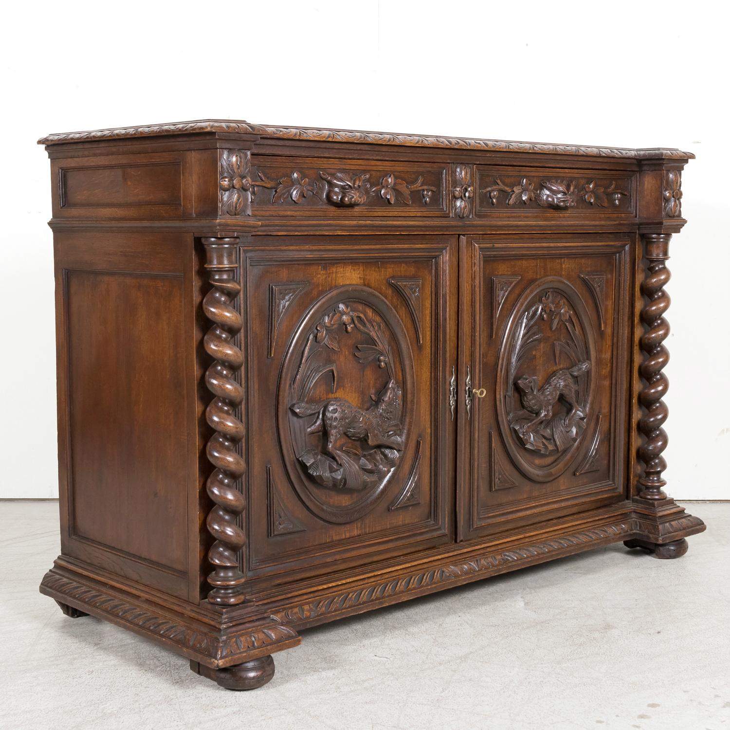 19th Century Antique French Louis XIII Style Carved Oak Hunting Buffet de Chasse In Good Condition In Birmingham, AL