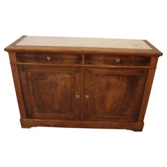 19th Century Antique French Low Sideboard Walnut Carrara White Marble Brass