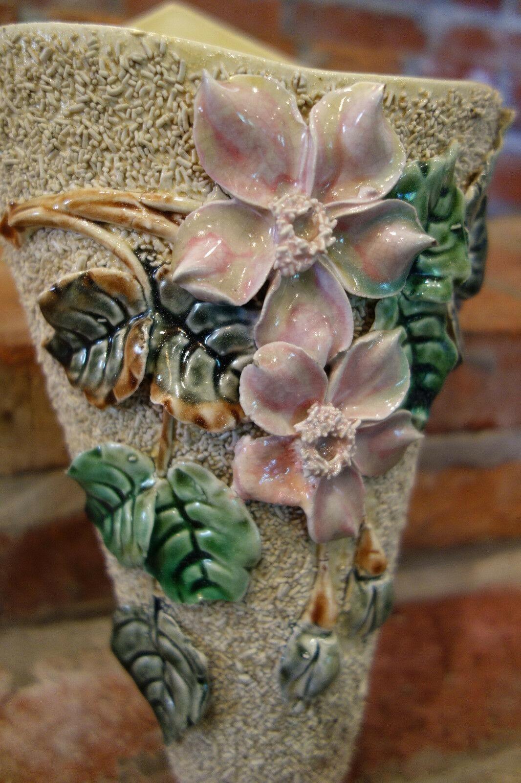 19th Century Antique French Majolica Barbotine Wall Pocket Floral Flower Vase For Sale 1