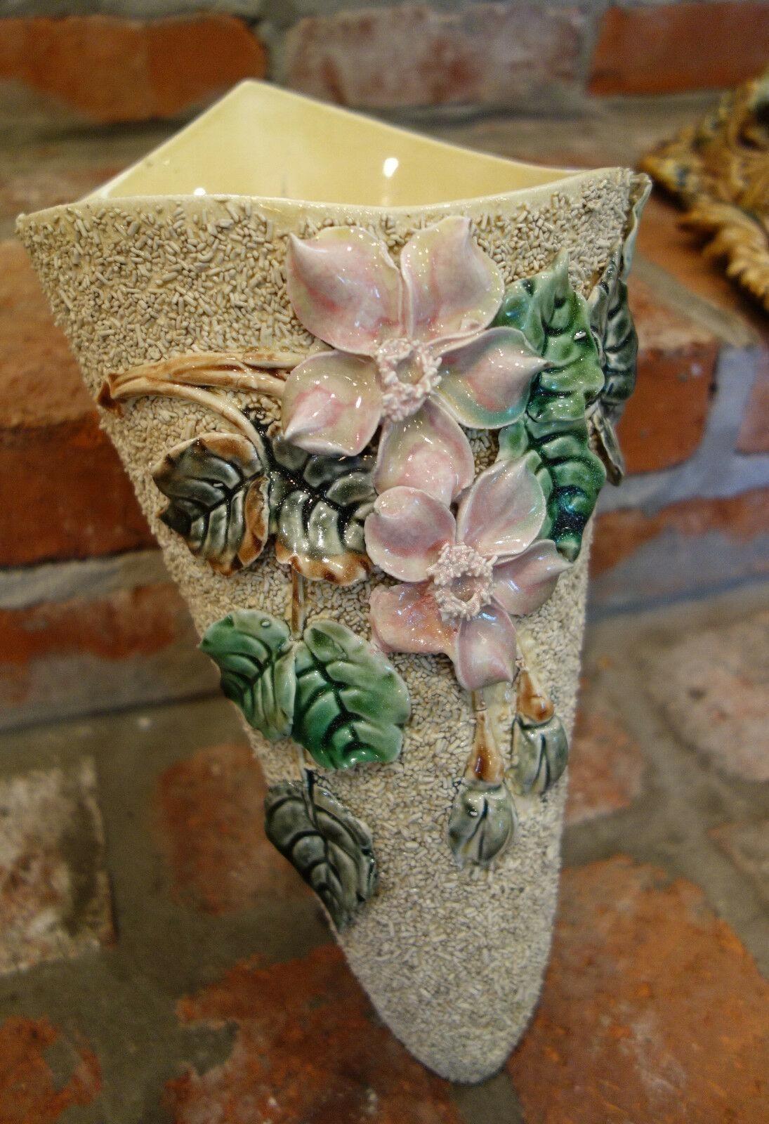 19th Century Antique French Majolica Barbotine Wall Pocket Floral Flower Vase For Sale 4