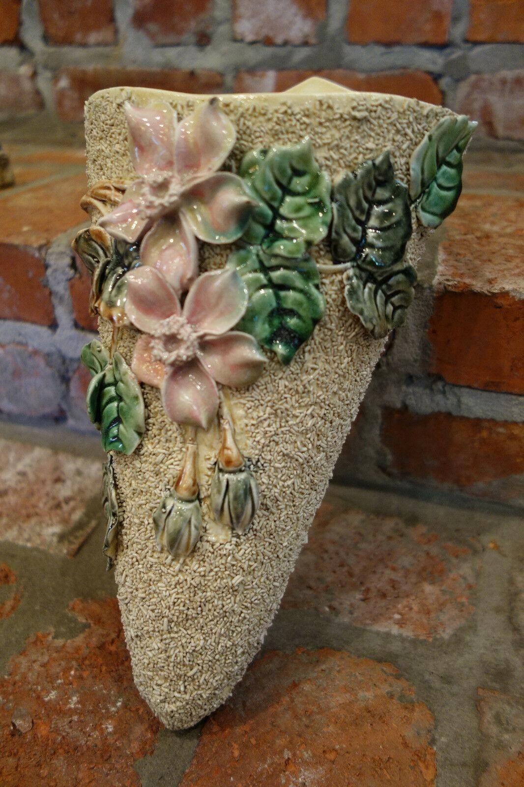 Late 19th Century Antique French Majolica Barbotine Wall Pocket Floral Flower Vase c1890 For Sale