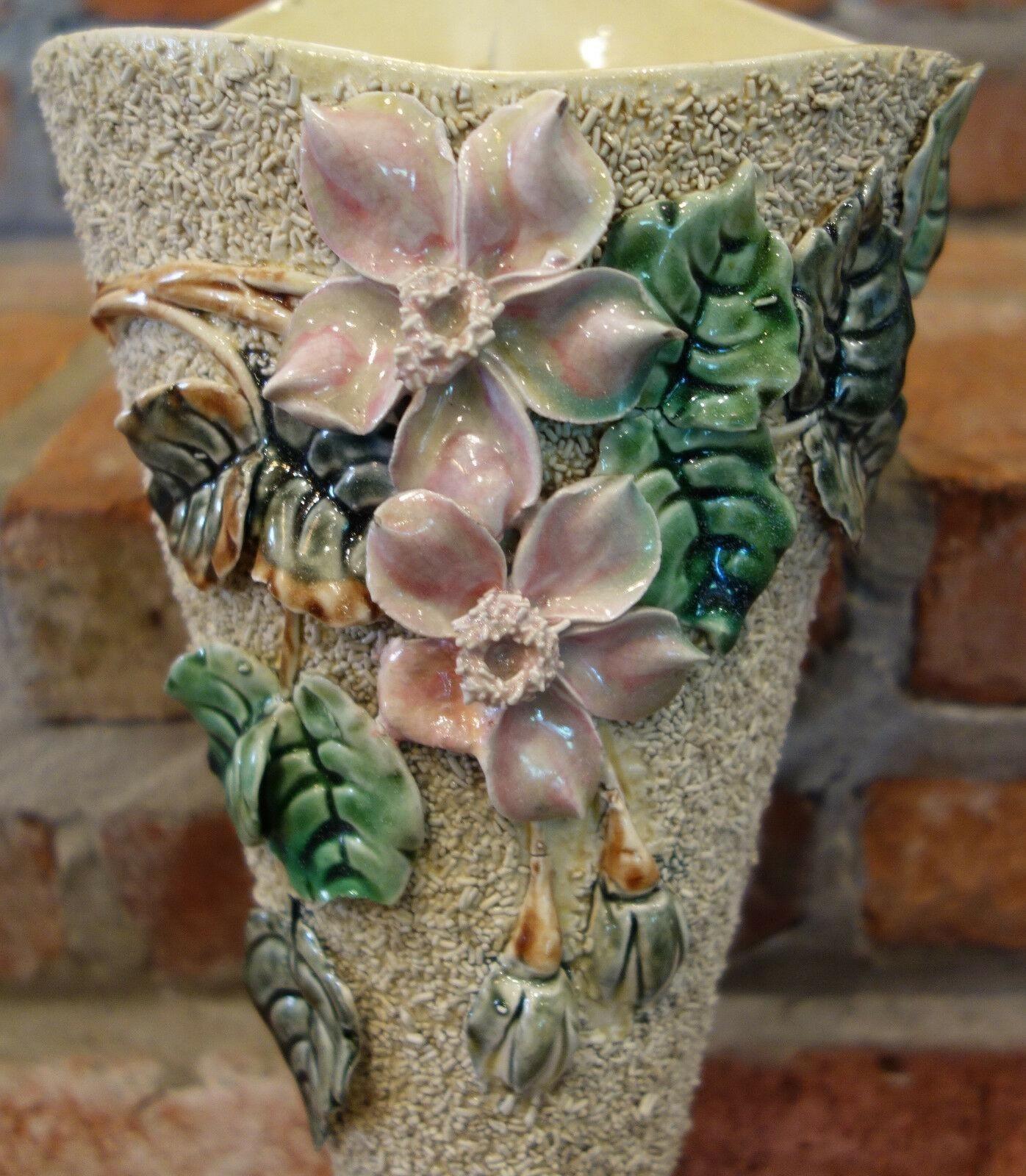 Ceramic 19th Century Antique French Majolica Barbotine Wall Pocket Floral Flower Vase For Sale