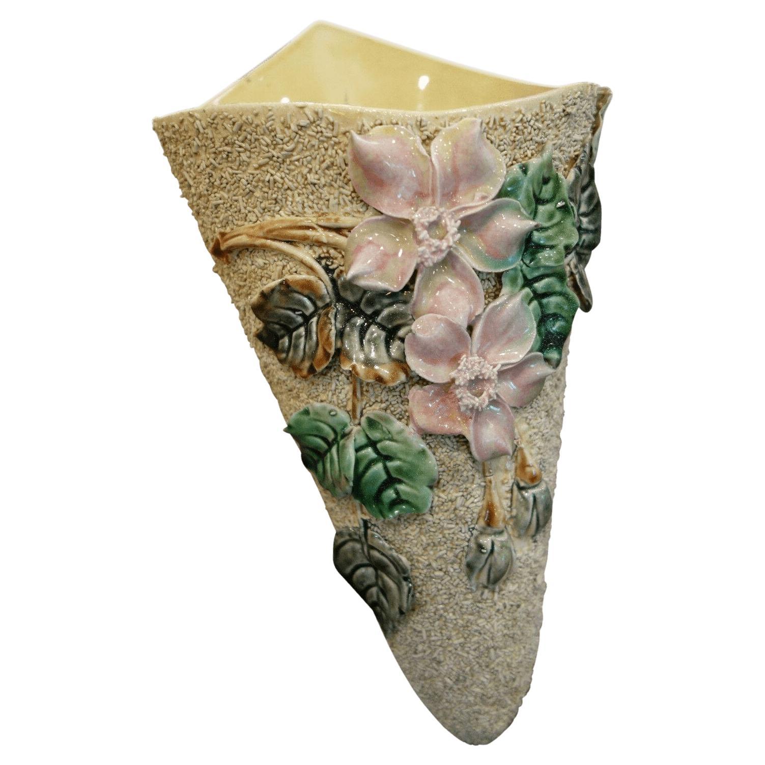 Antique French Majolica Barbotine Wall Pocket Floral Flower Vase c1890 For Sale