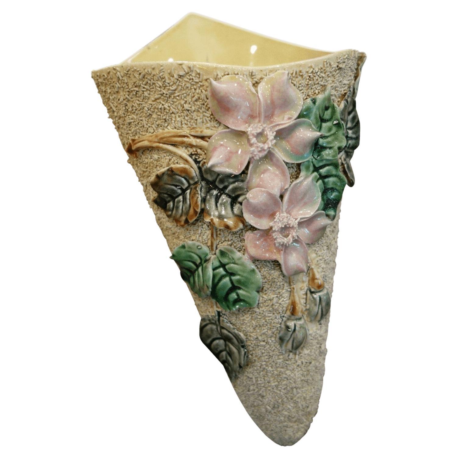 19th Century Antique French Majolica Barbotine Wall Pocket Floral Flower Vase For Sale