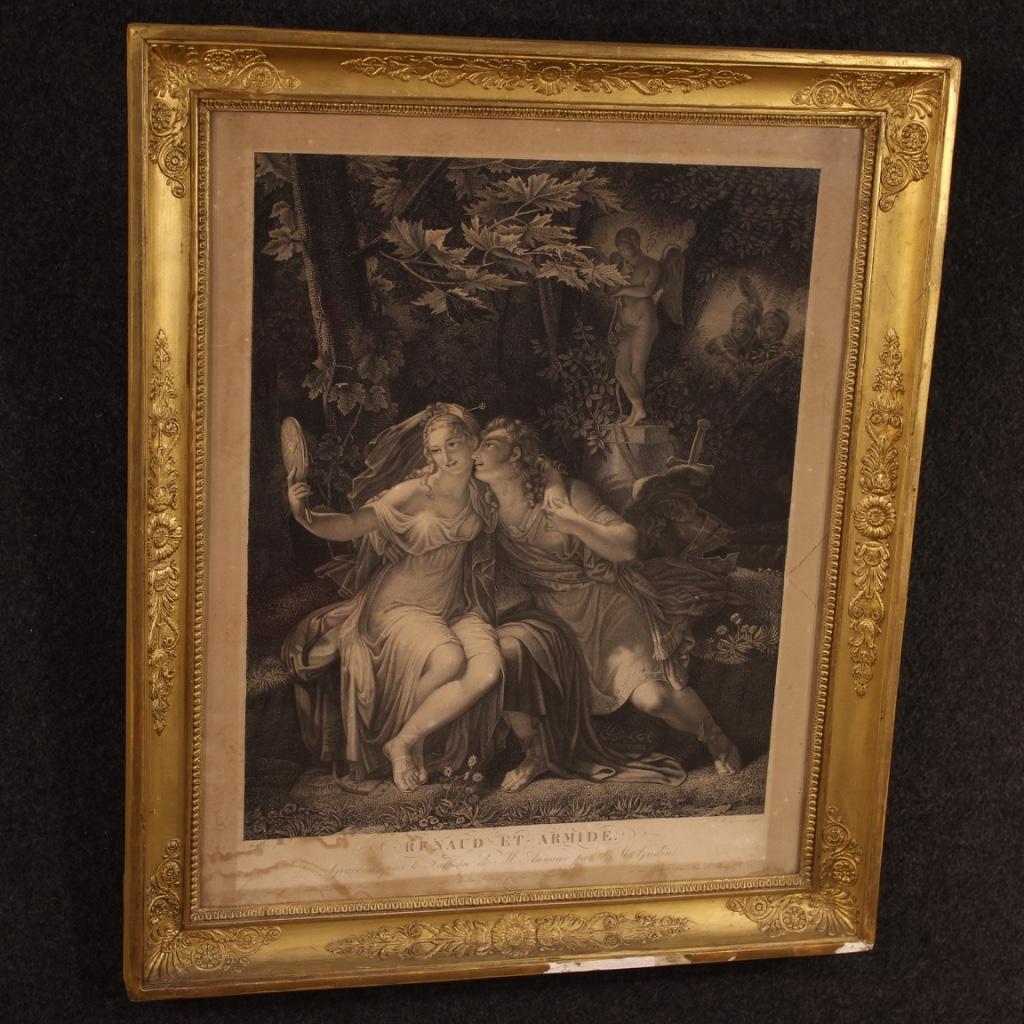 French print from the second half of the 19th century. Work depicting mythological subject Renaud et Armide of great pleasure. Print showing some spots and signs of aging (see photos). Finely gilded and chiseled wood and plaster frame coeval with