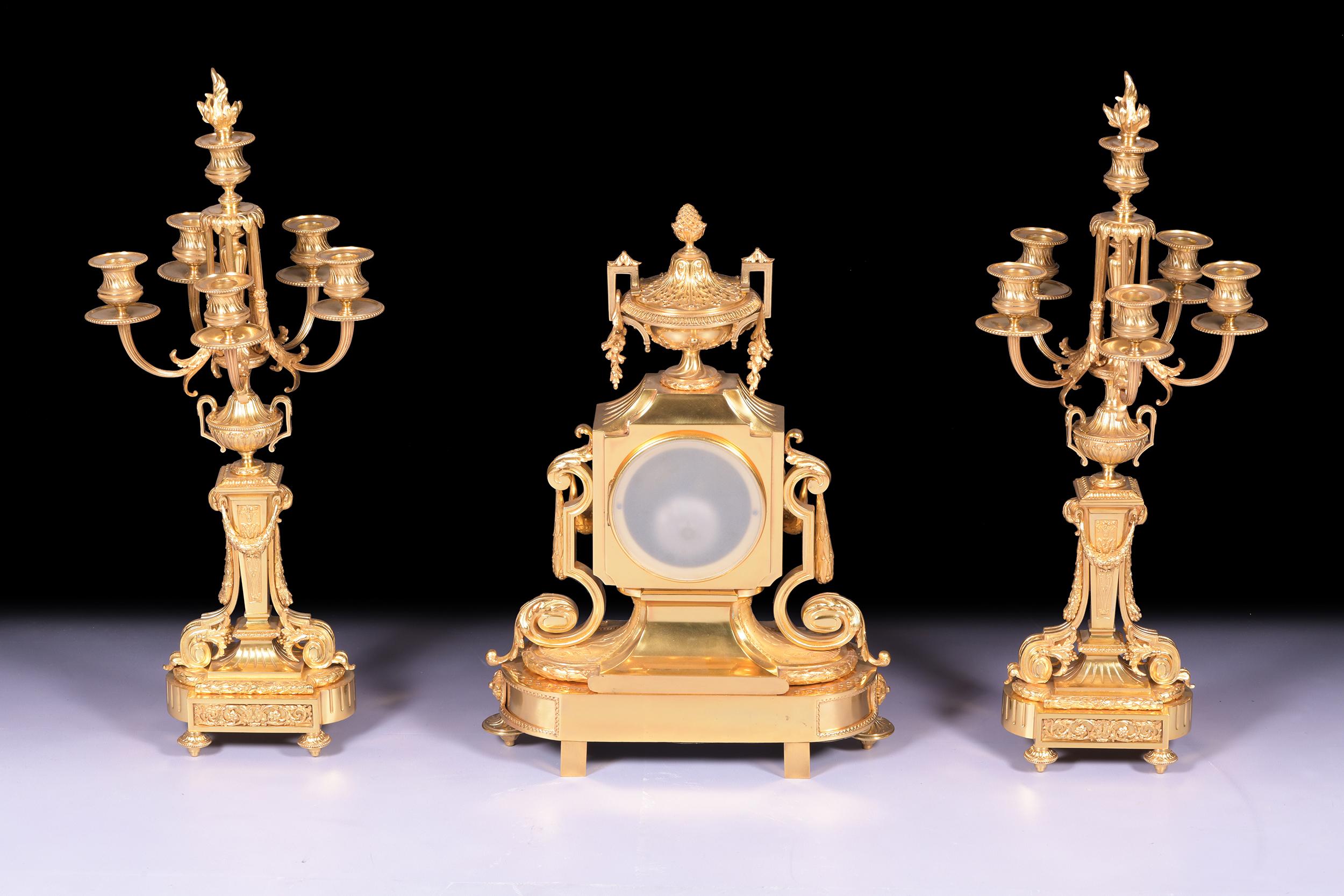19th Century Antique French Neoclassical Style Gilt Bronze Clock Garniture In Excellent Condition For Sale In Dublin, IE