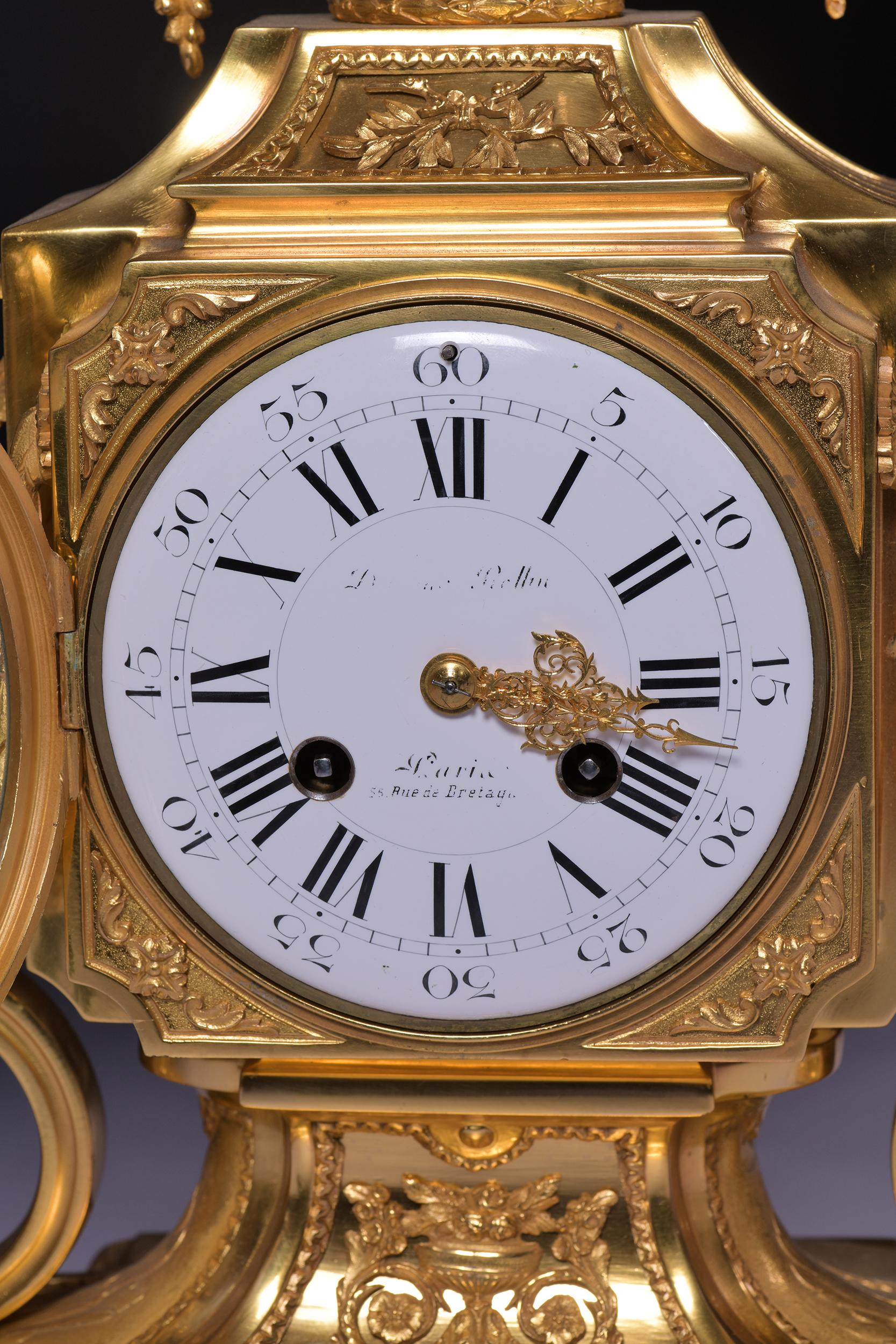 Enamel 19th Century Antique French Neoclassical Style Gilt Bronze Clock Garniture For Sale