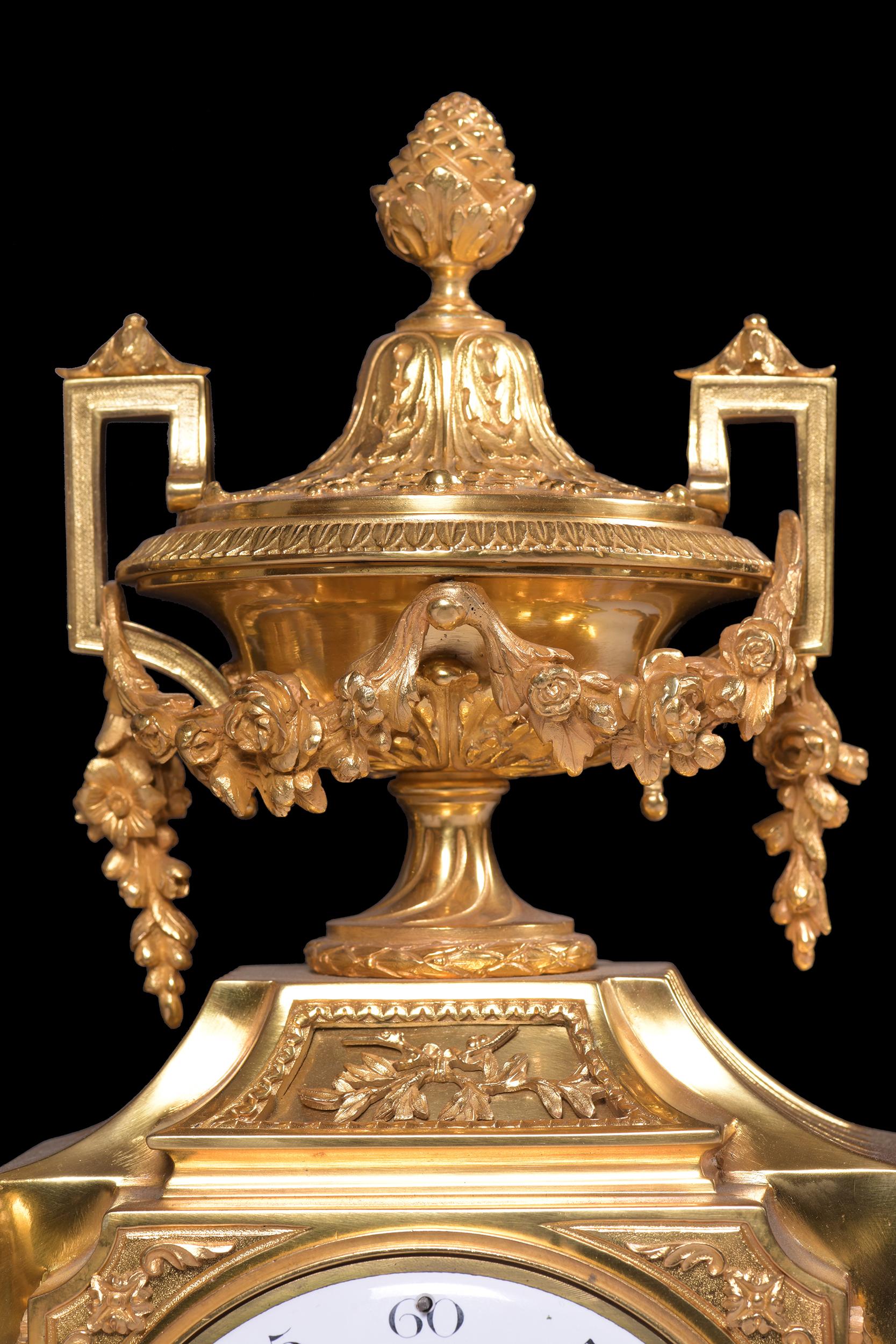 19th Century Antique French Neoclassical Style Gilt Bronze Clock Garniture For Sale 1