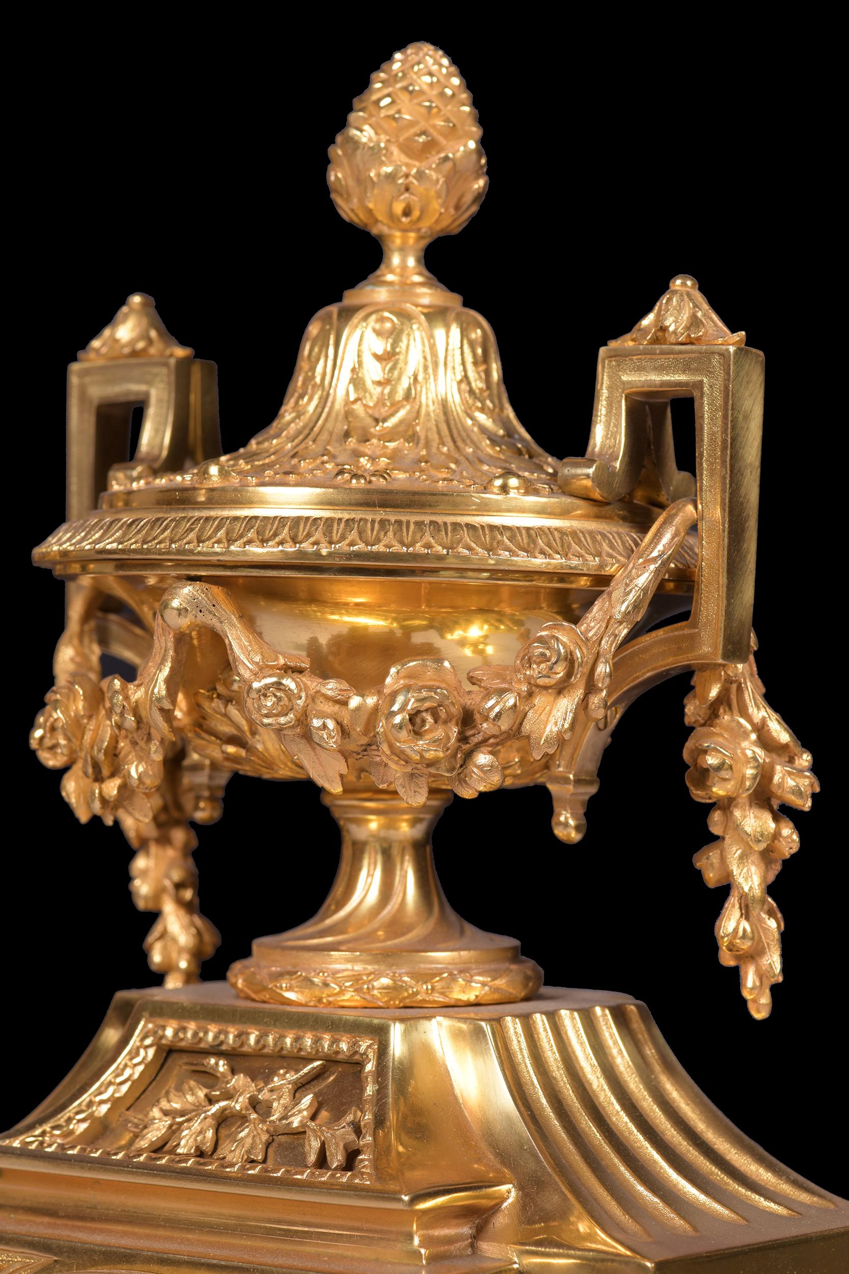 19th Century Antique French Neoclassical Style Gilt Bronze Clock Garniture For Sale 4