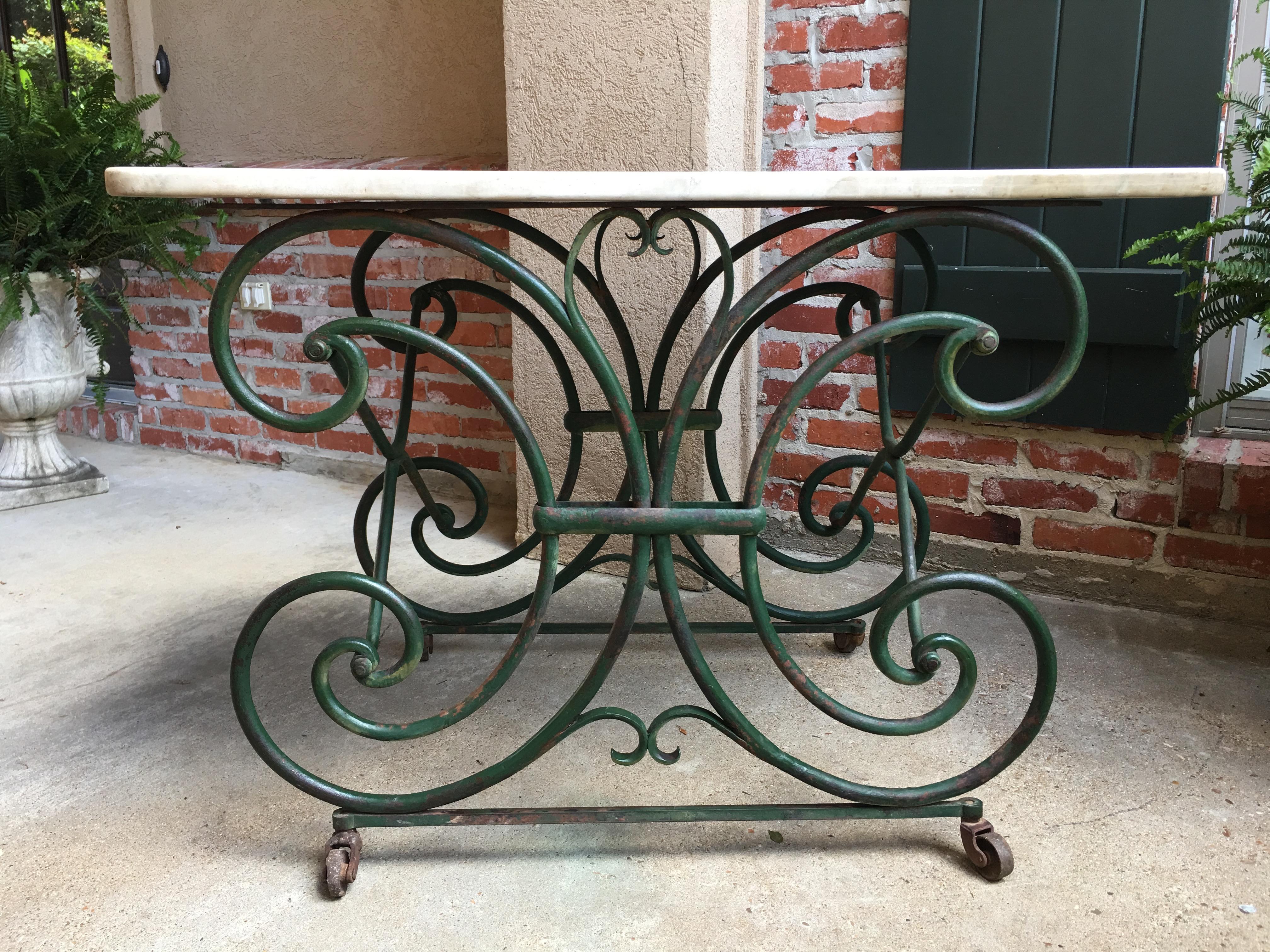 19th Century Antique French Pastry Baker’s Table Iron Marble Art Nouveau Green 4