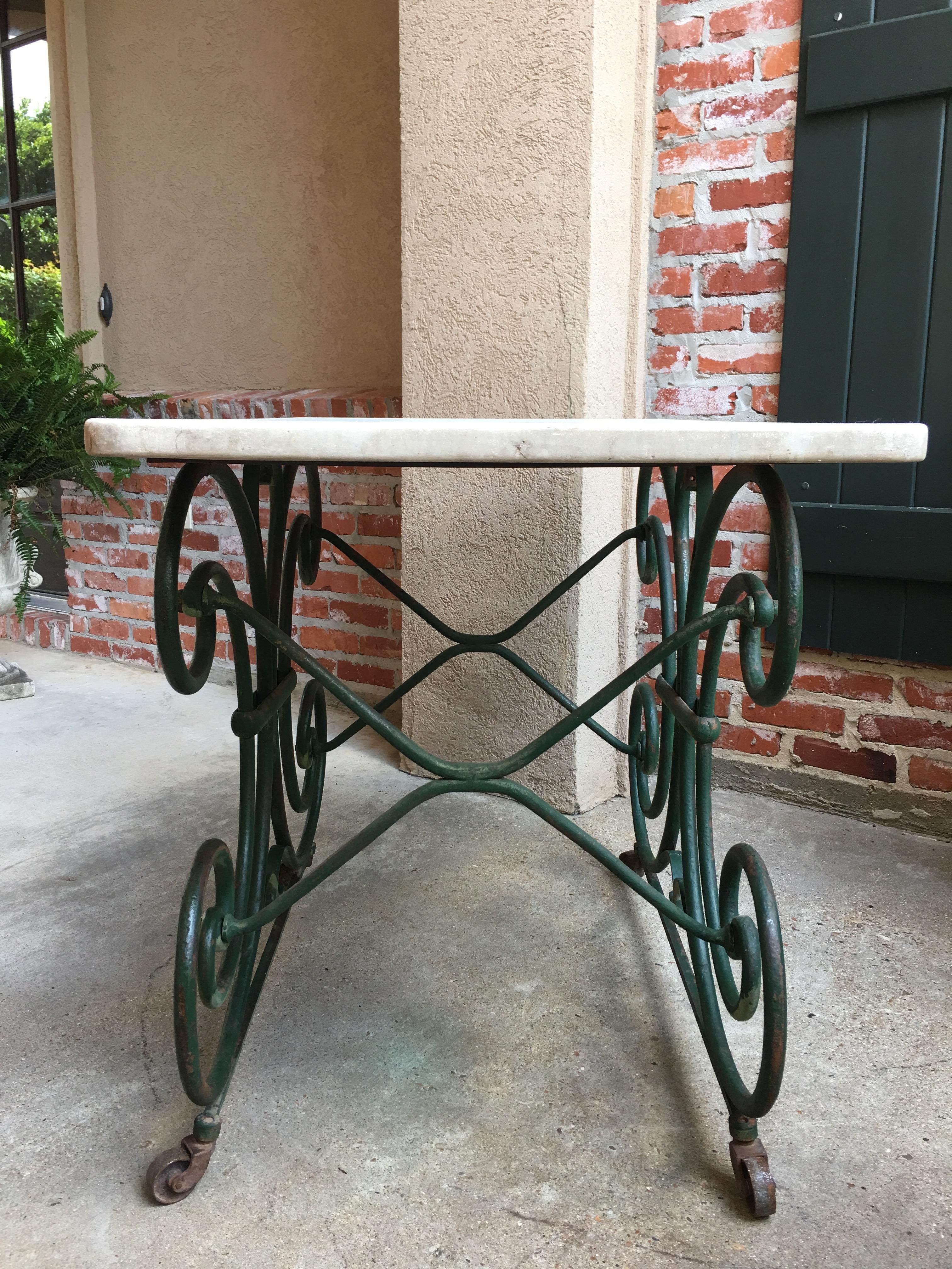 19th Century Antique French Pastry Baker’s Table Iron Marble Art Nouveau Green In Good Condition In Shreveport, LA