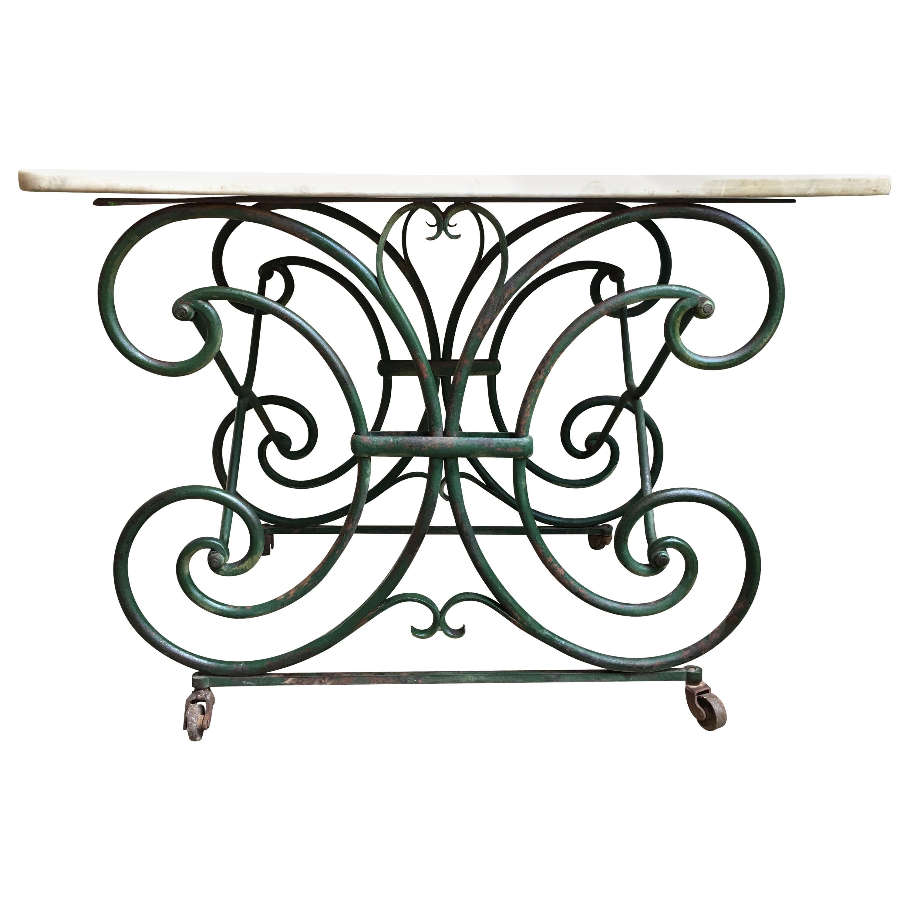 19th Century Antique French Pastry Baker’s Table Iron Marble Art Nouveau Green