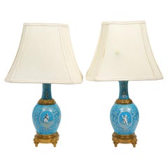 19th Century Antique French Porcelain 
Enamel Lamps with Bronze Mounts